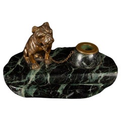 19th-Century French Bronze Bulldog Inkwell by M. Bertin on Marble Base