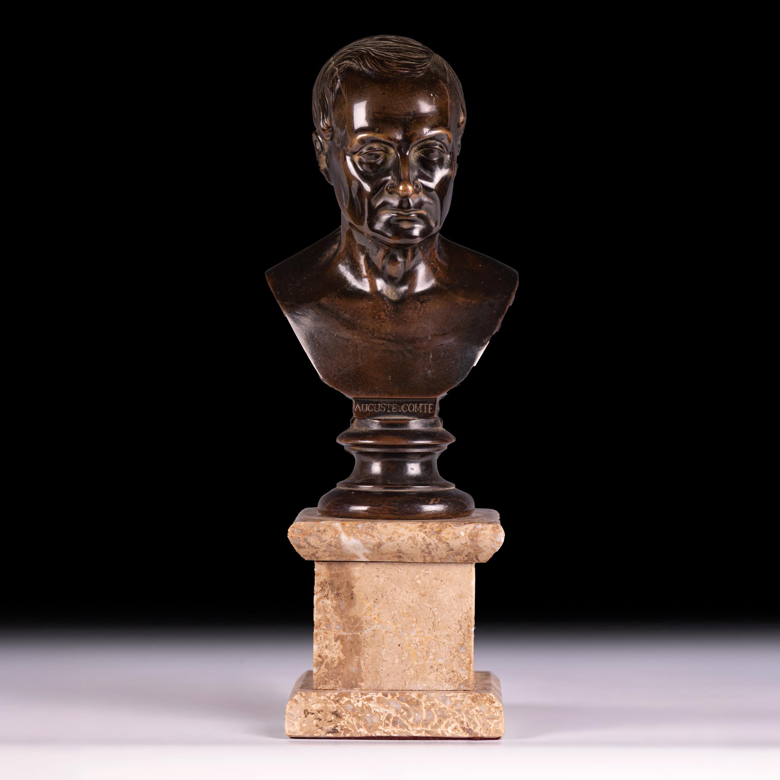 An exquisitely cast and finished bronze bust of Auguste Comte (1798–1857), resting on a marble plinth. The model is finished in a dark brown patina that is finely preserved. A most pleasant example.

Circa 1880

French


Auguste Comte (1798–1857)