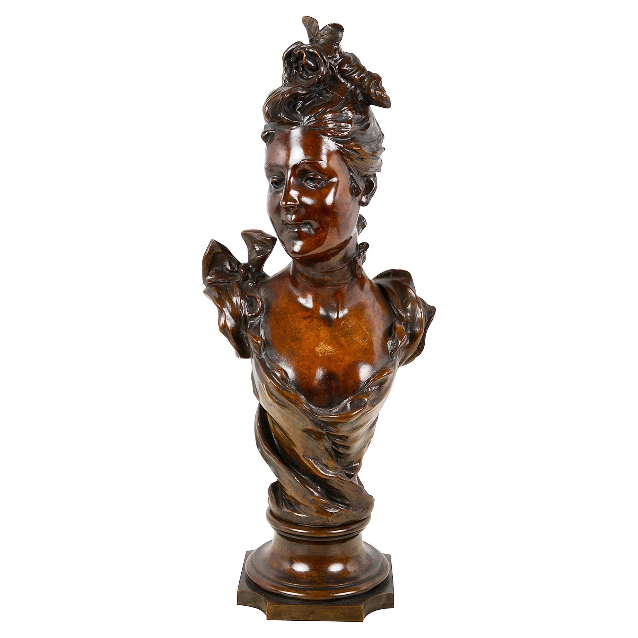 19th Century French Bronze Bust of Young Lady For Sale
