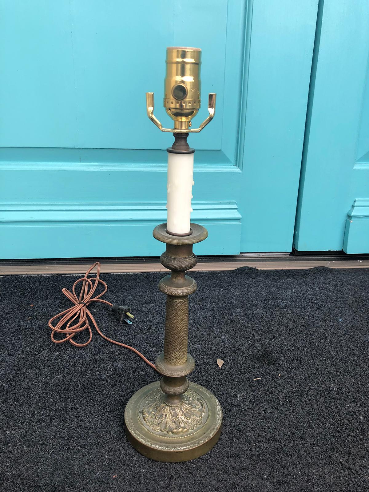 19th century French bronze candlestick as lamp
New wiring.