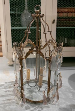 19th Century French Bronze Ceiling Lantern with Crystals and Original Decoration