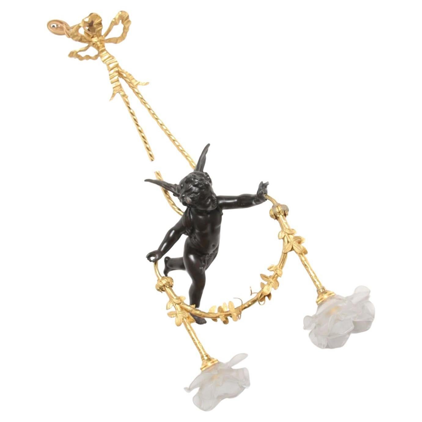 Hand-Carved 19th Century French Bronze Chandelier with Two Crystal Roses in Louis XVI Style For Sale