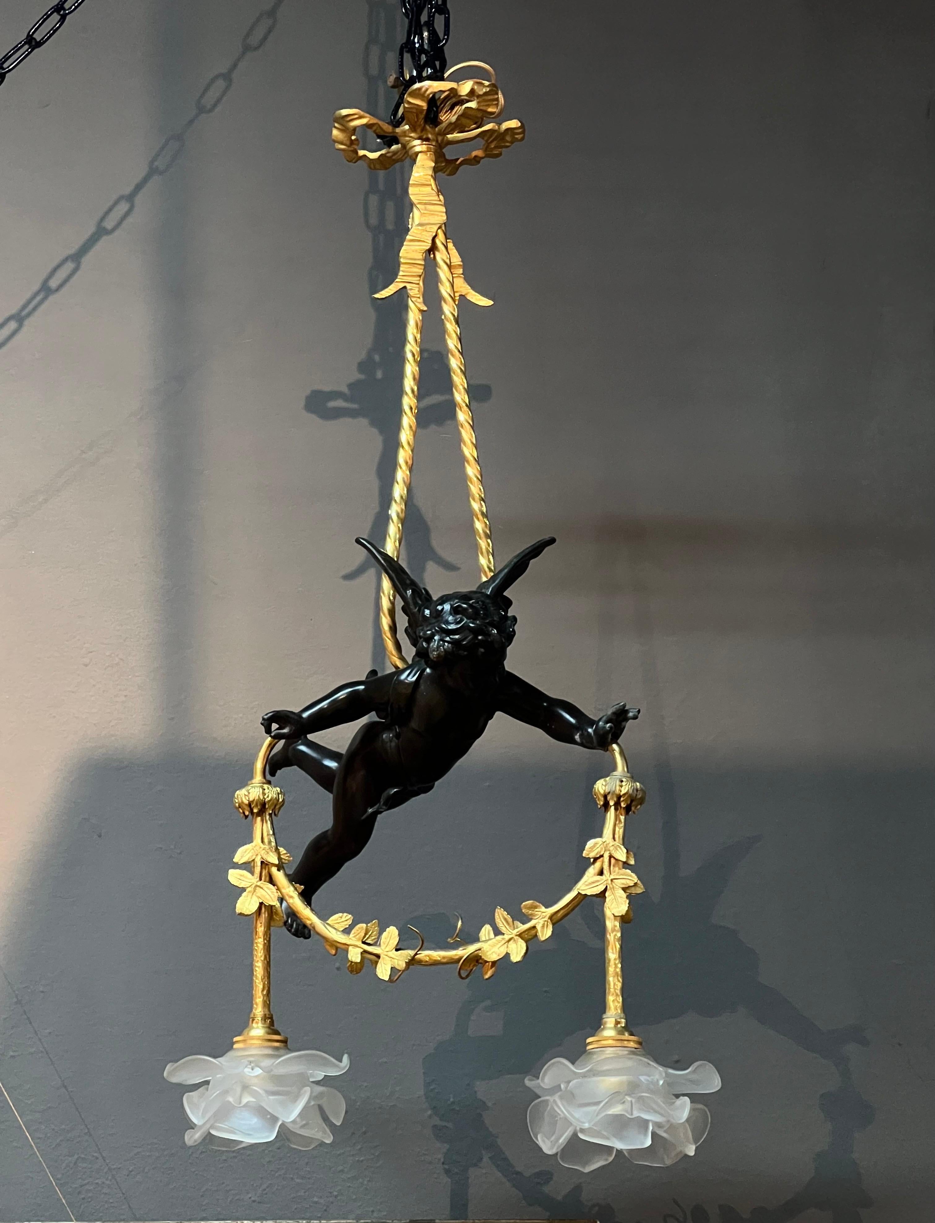 19th Century French Bronze Chandelier with Two Crystal Roses in Louis XVI Style In Good Condition For Sale In Sofia, BG