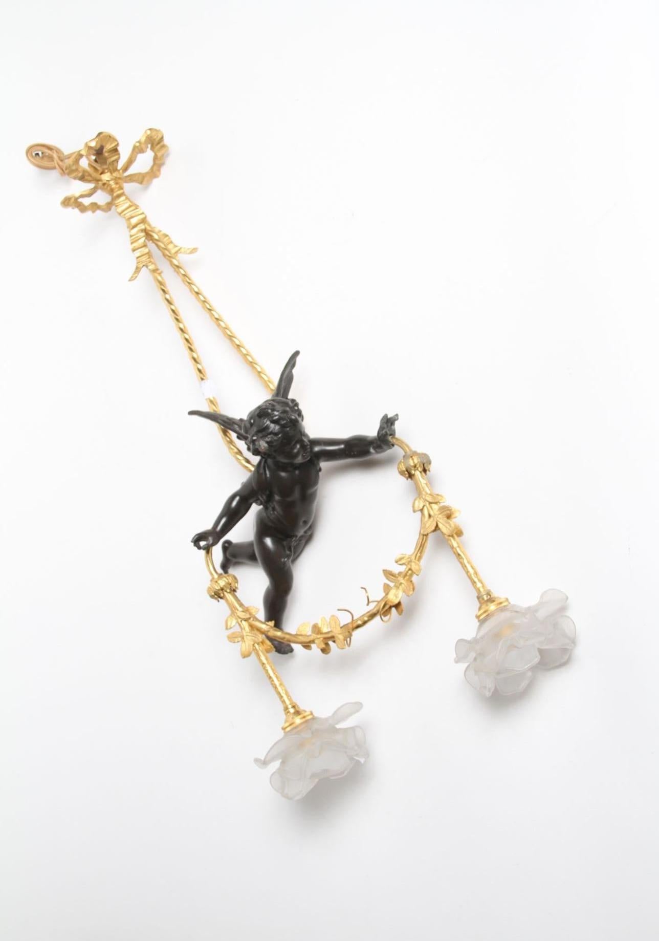 19th Century French Bronze Chandelier with Two Crystal Roses in Louis XVI Style For Sale 1