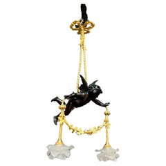 19th Century French Bronze Chandelier with Two Crystal Roses in Louis XVI Style 
