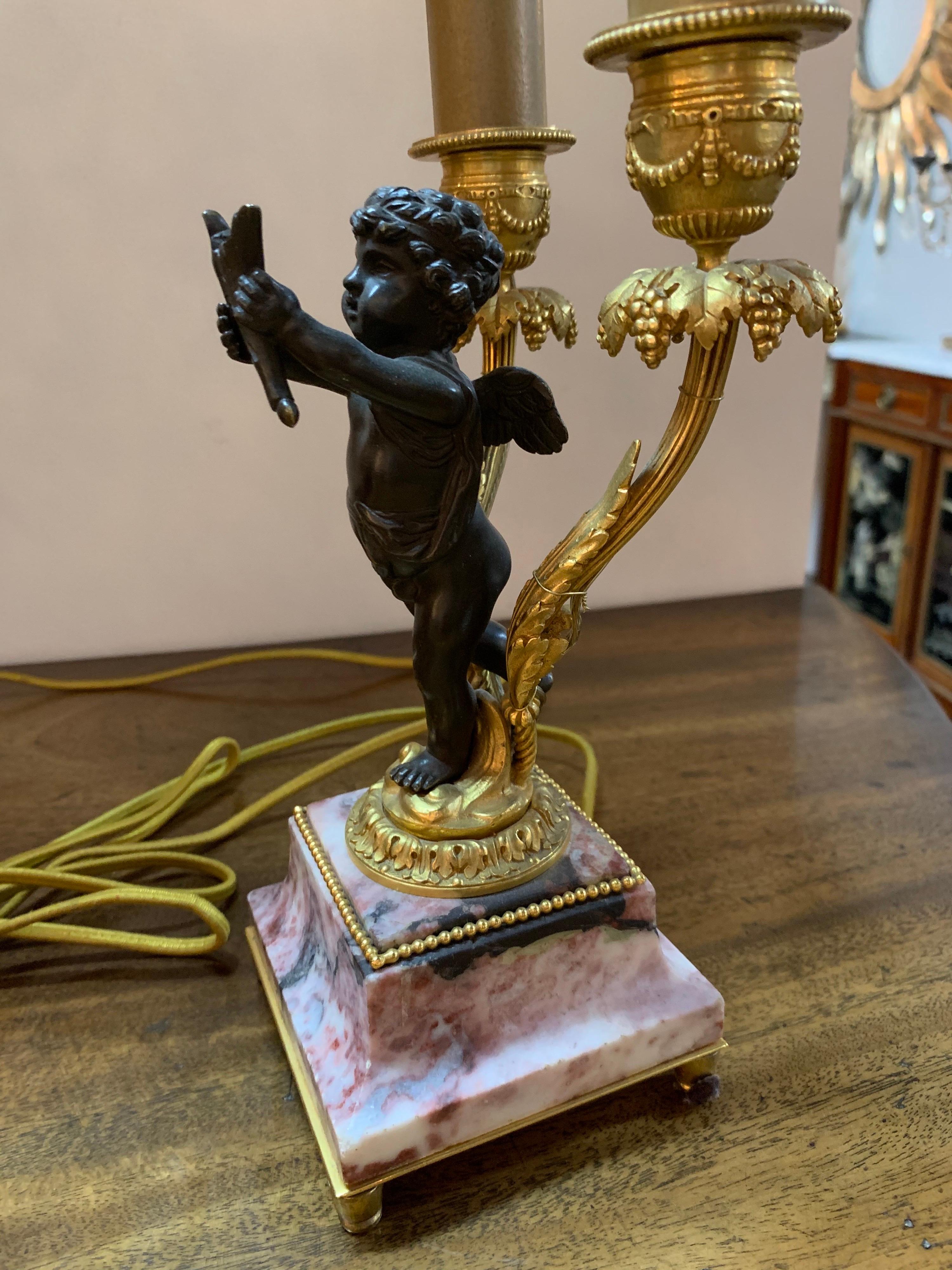 19th Century French Bronze Cherub Lamp on Marble Base In Good Condition In Dallas, TX