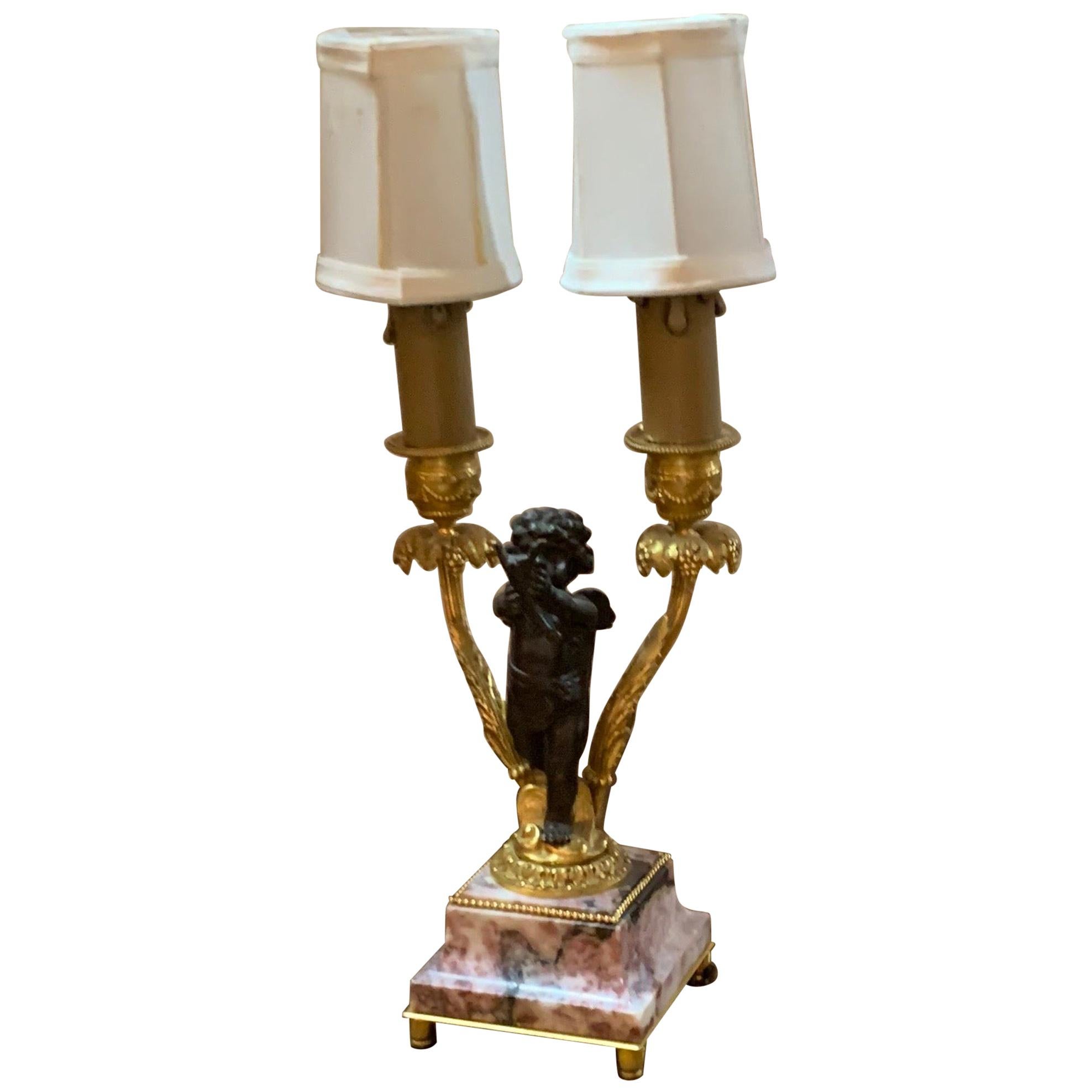 19th Century French Bronze Cherub Lamp on Marble Base