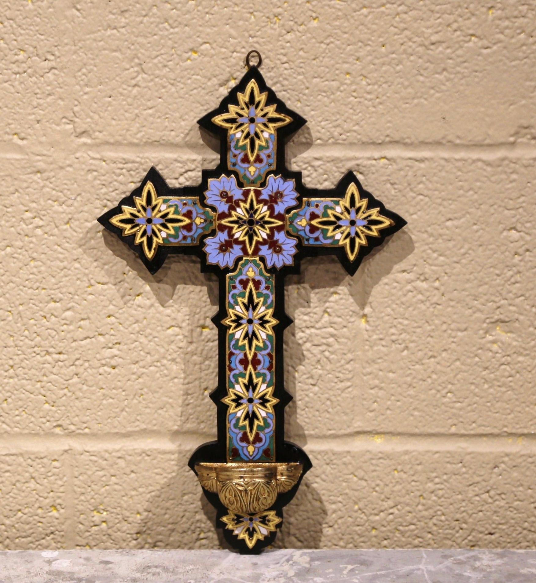 Champlevé 19th Century French Bronze Cloisonne & Champleve Wall Cross on Wooden Mount