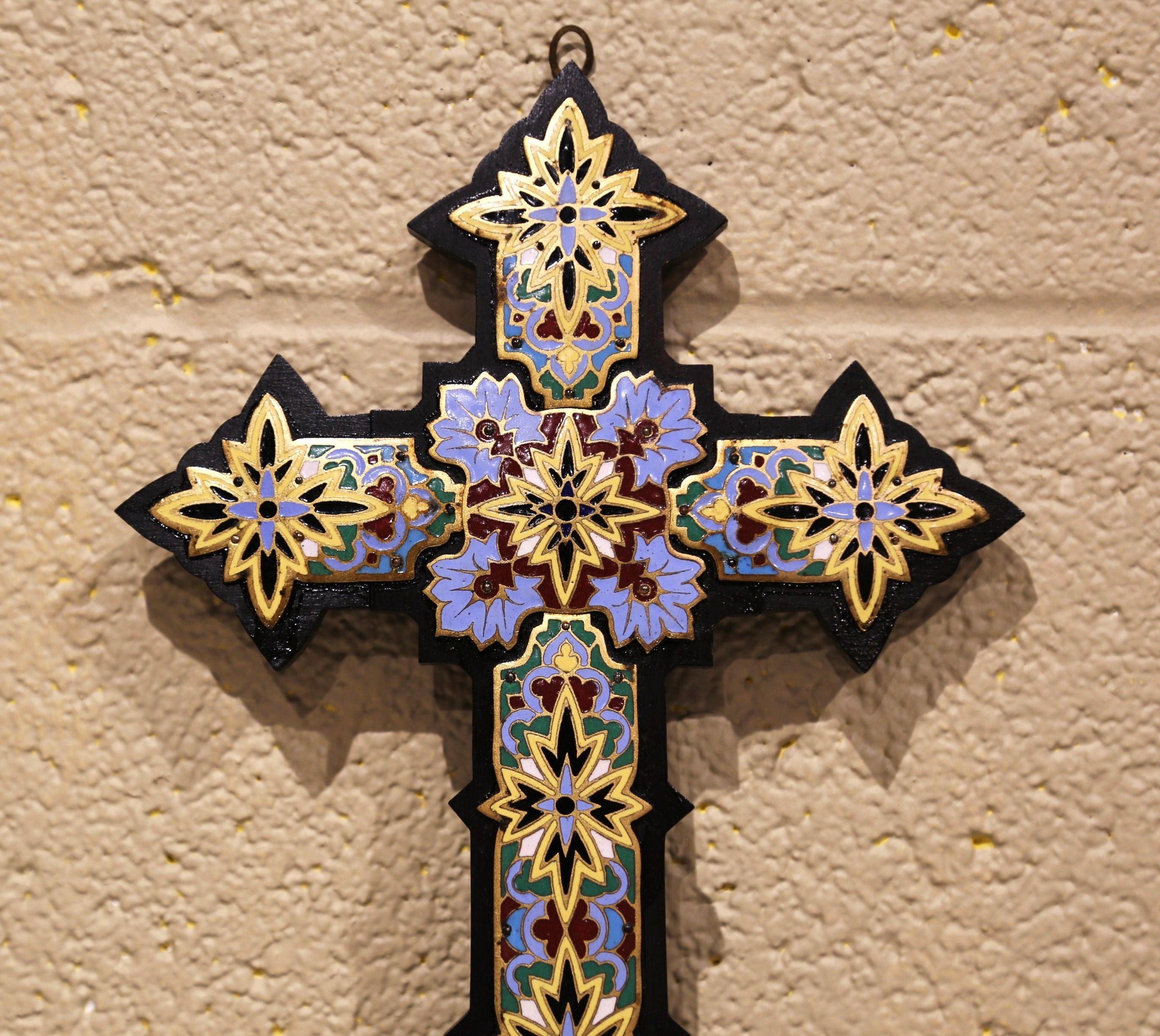 19th Century French Bronze Cloisonne & Champleve Wall Cross on Wooden Mount In Excellent Condition In Dallas, TX