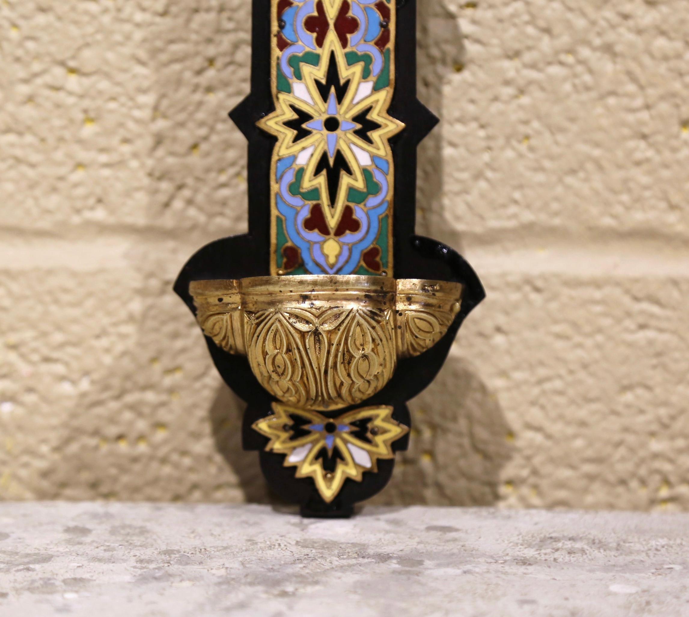 19th Century French Bronze Cloisonne & Champleve Wall Cross on Wooden Mount 1