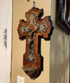 19th Century French Bronze Cloisonne Wall Crucifix on Marquetry Walnut Mount