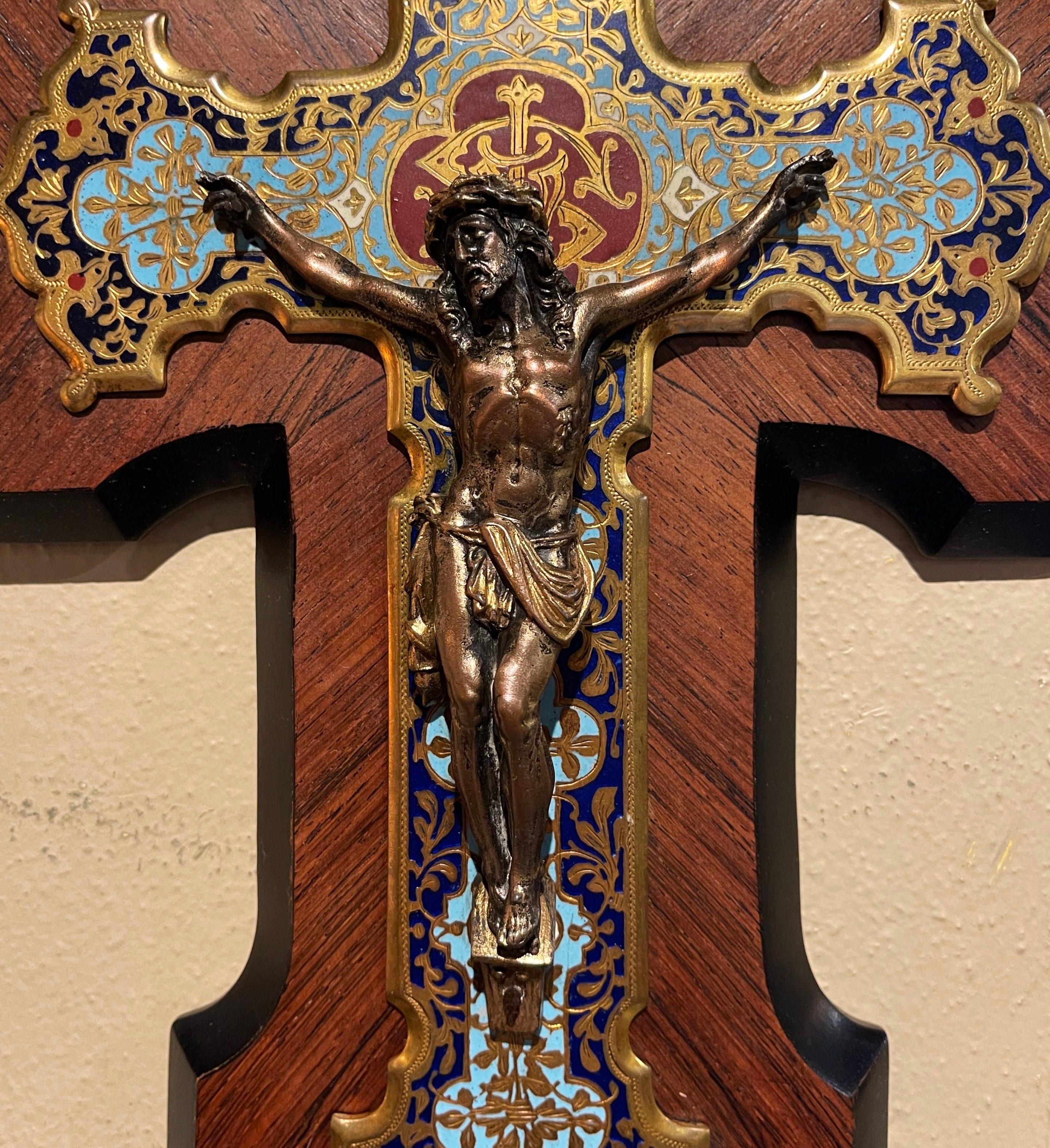 Champlevé 19th Century French Bronze Cloisonne Wall Crucifix on Marquetry Walnut Mount