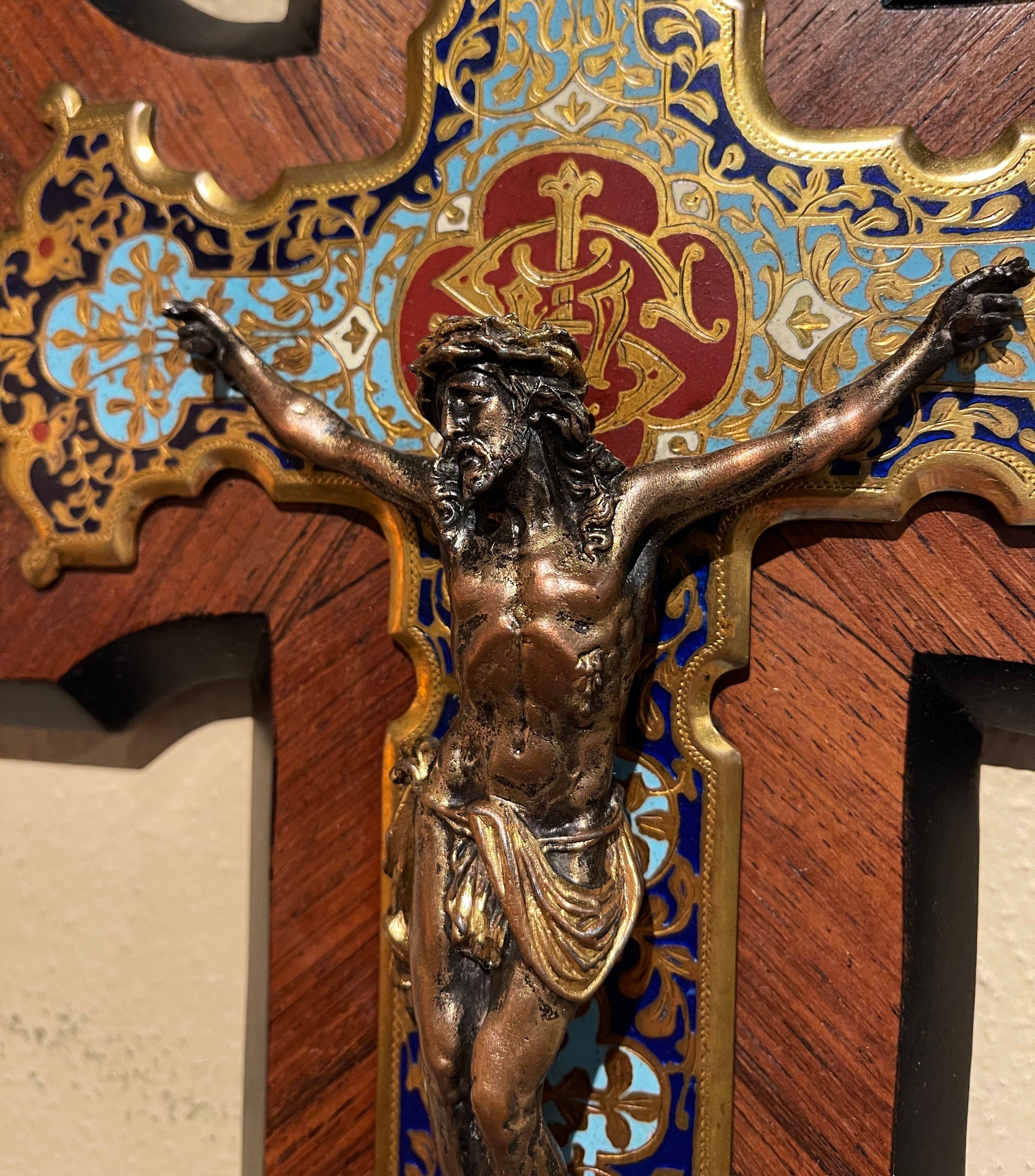 19th Century French Bronze Cloisonne Wall Crucifix on Marquetry Walnut Mount In Excellent Condition In Dallas, TX