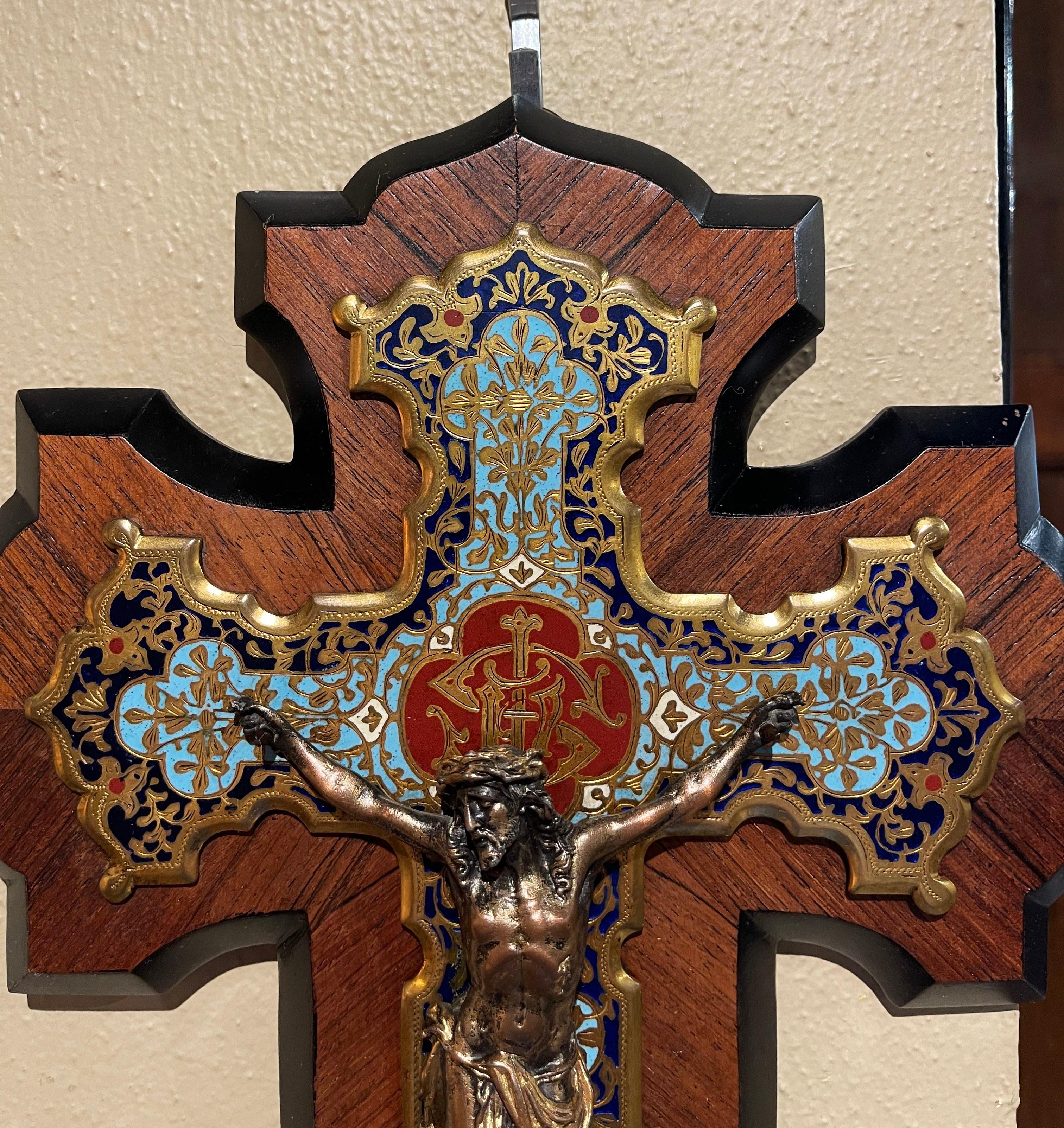 19th Century French Bronze Cloisonne Wall Crucifix on Marquetry Walnut Mount 1