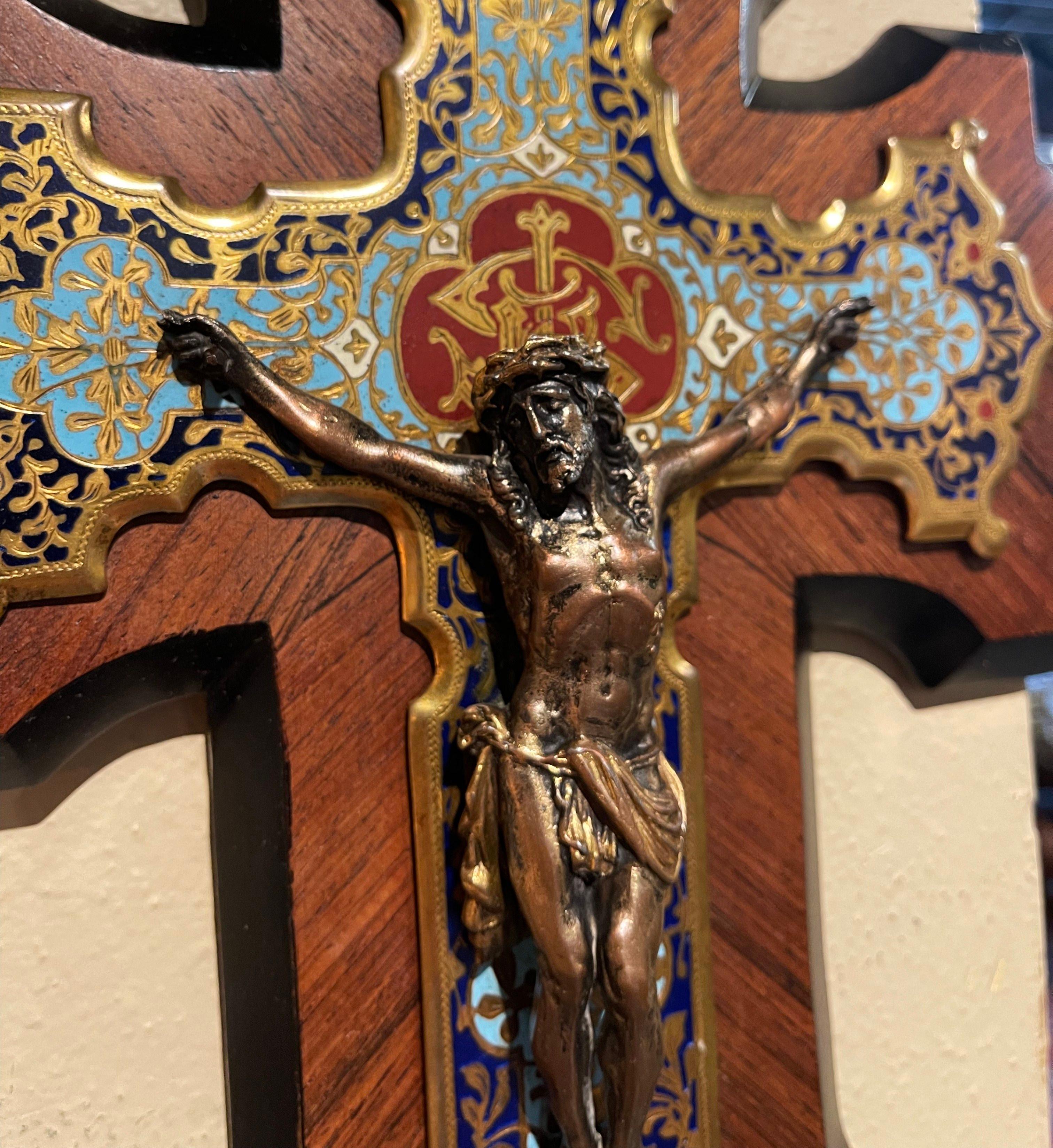 19th Century French Bronze Cloisonne Wall Crucifix on Marquetry Walnut Mount 2