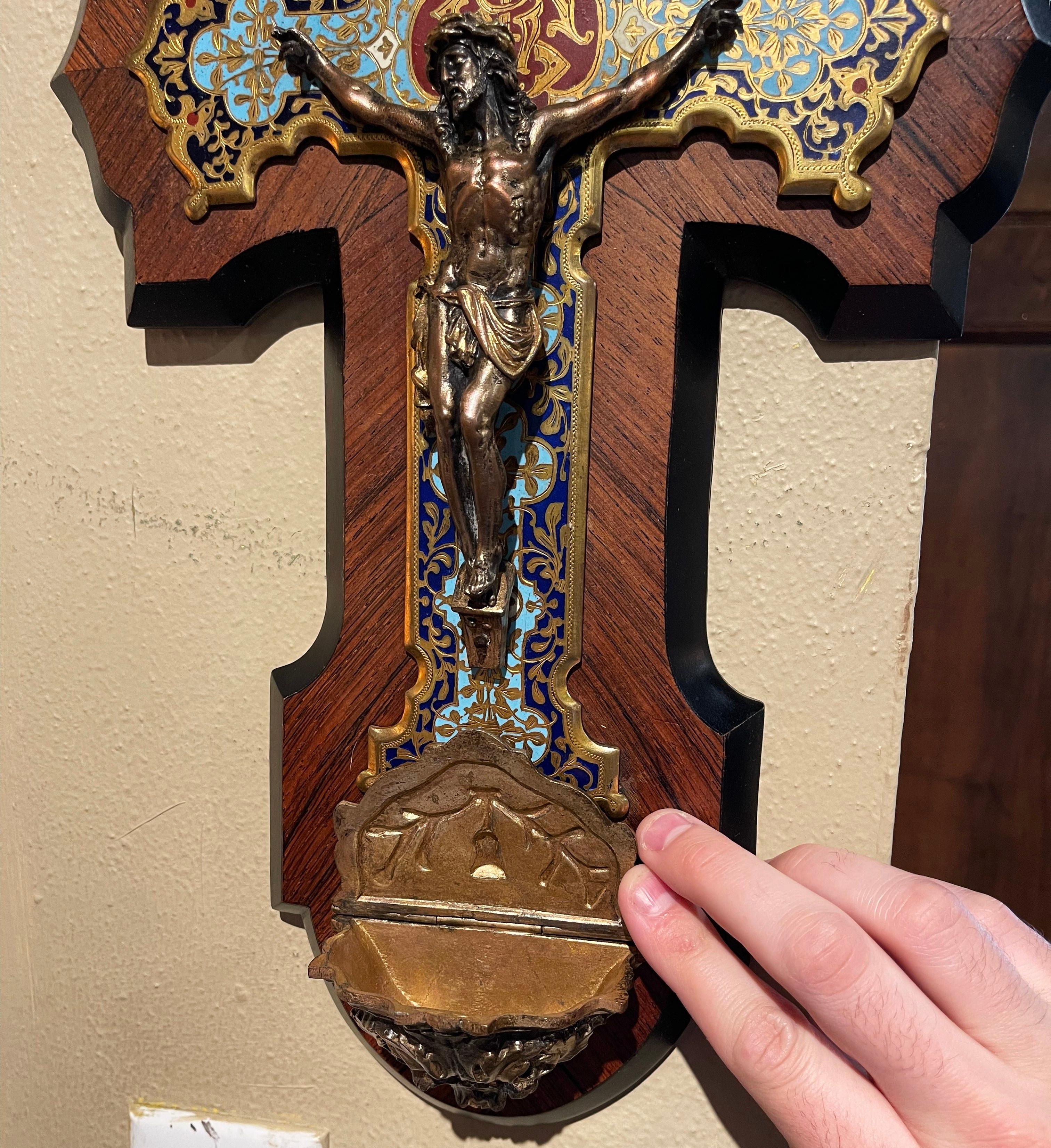 19th Century French Bronze Cloisonne Wall Crucifix on Marquetry Walnut Mount 4