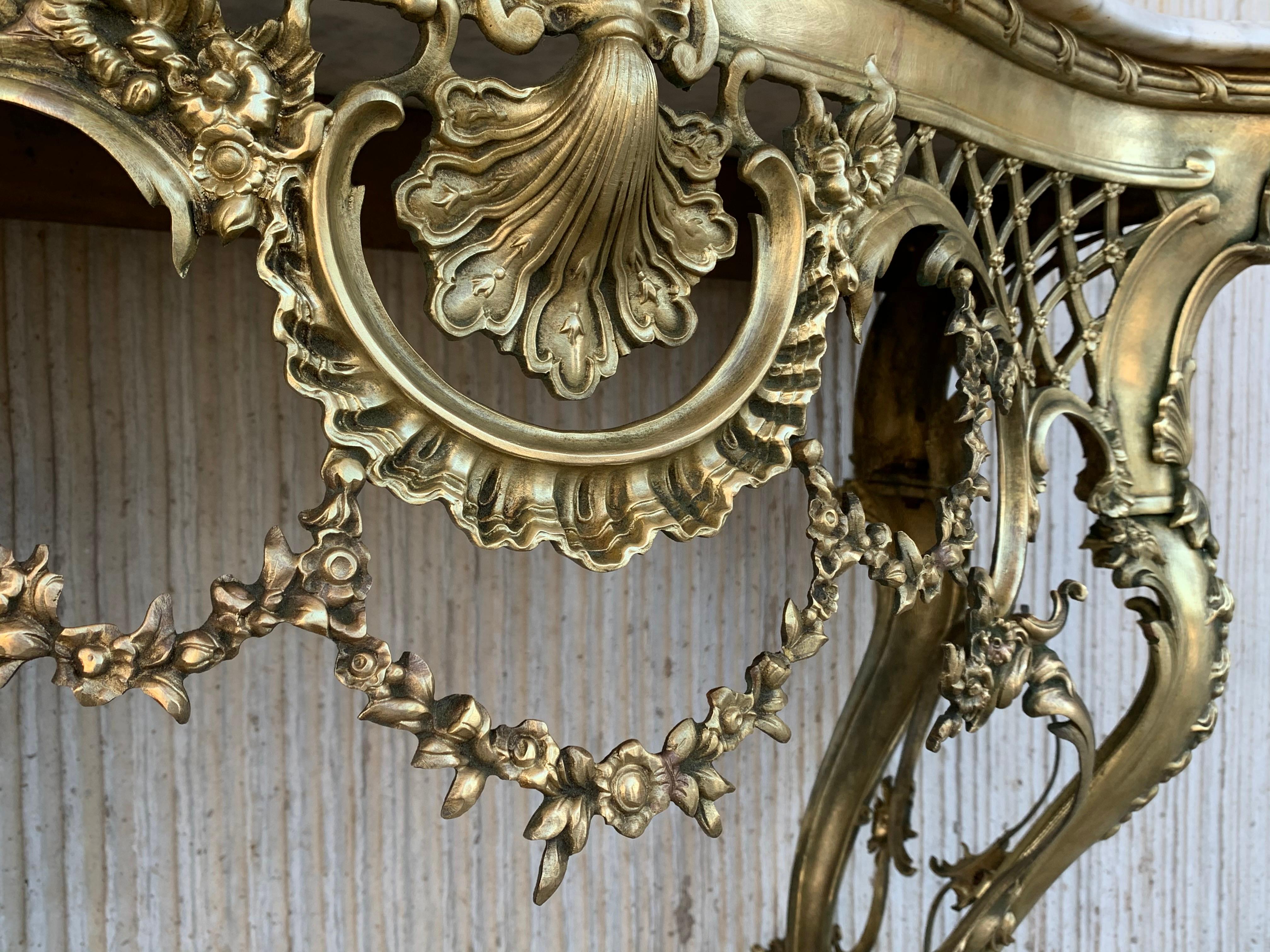 19th Century French Bronze Console Table or Vanity with White Marble Top and Cre 5