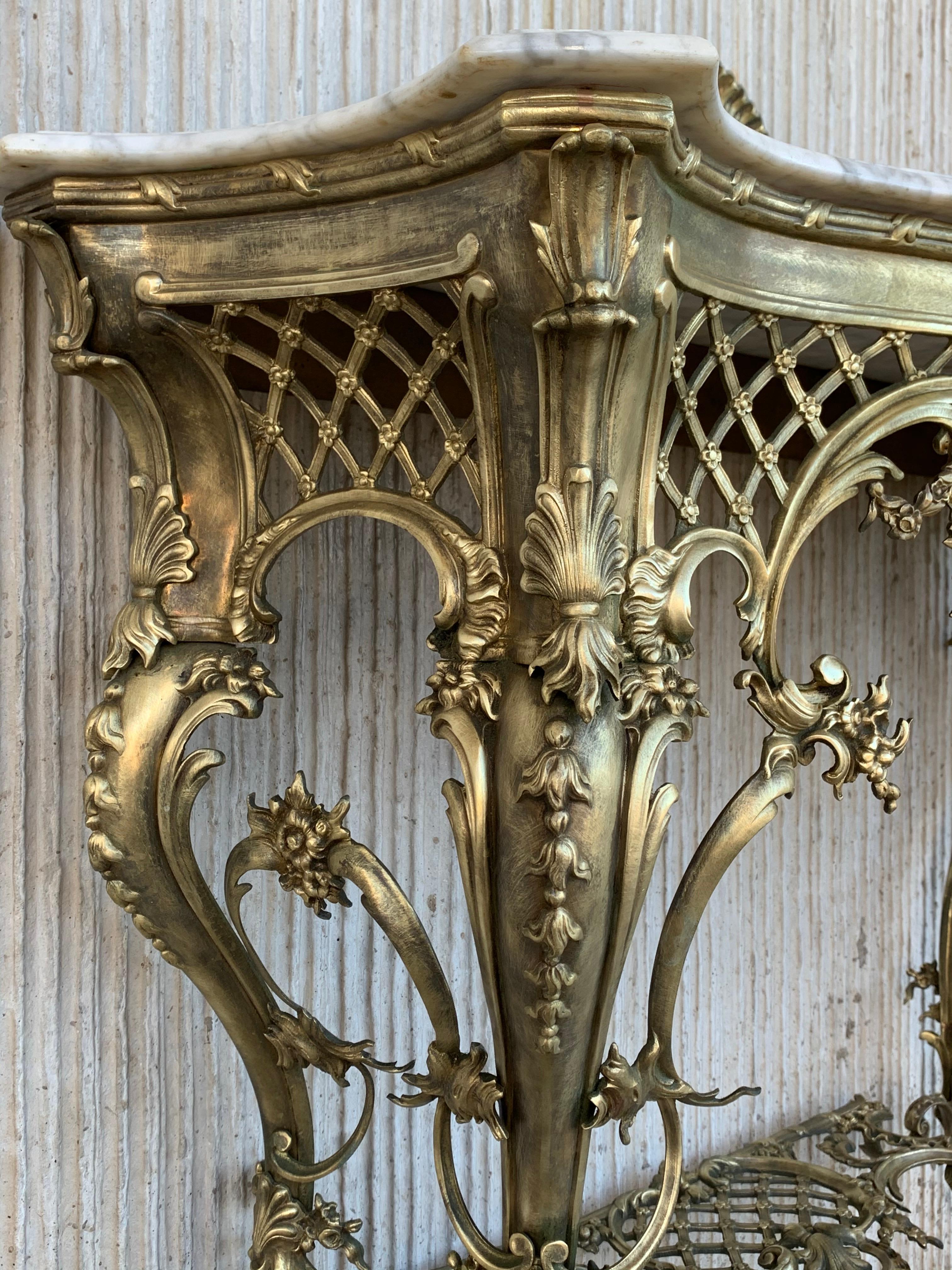 19th Century French Bronze Console Table or Vanity with White Marble Top and Cre 6