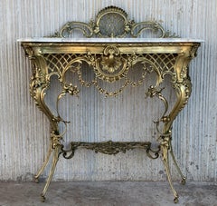 19th Century French Bronze Console Table or Vanity with White Marble Top and Cre