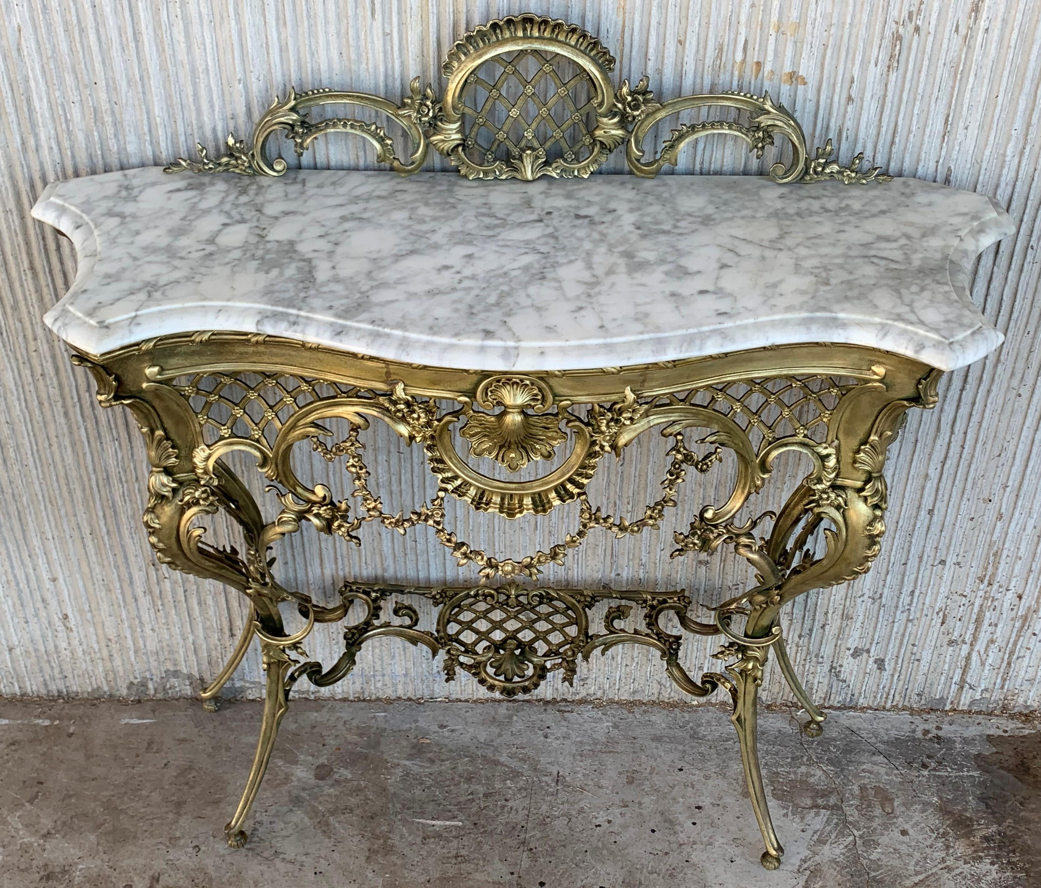 Baroque 19th Century French Bronze Console Table or Vanity with White Marble Top and Cre