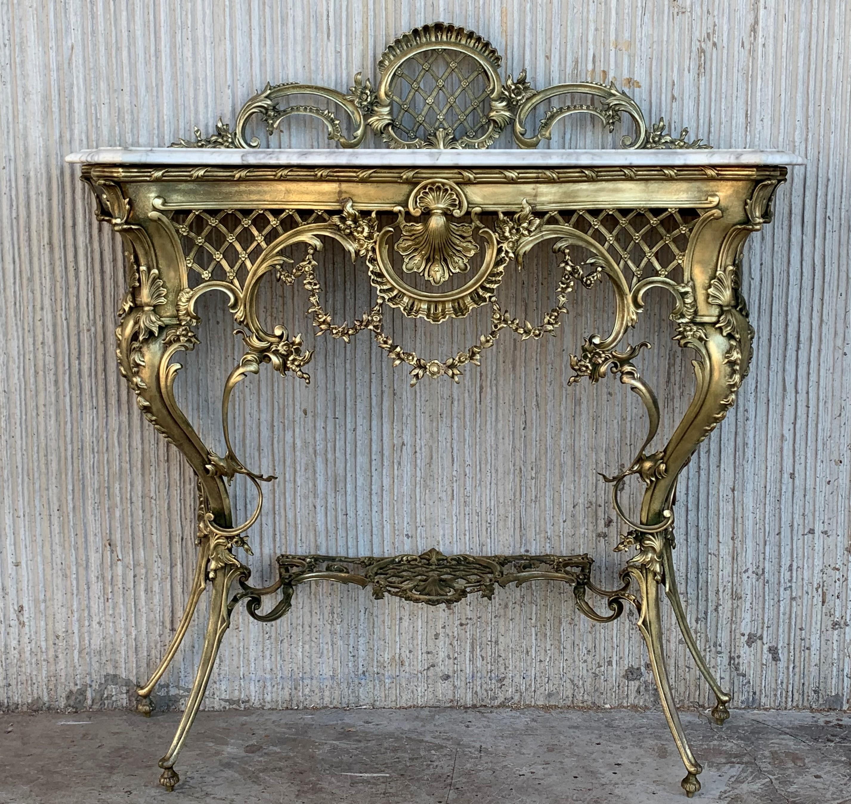 Baroque 19th Century French Bronze Console Table or Vanity with White Marble Top and Cre