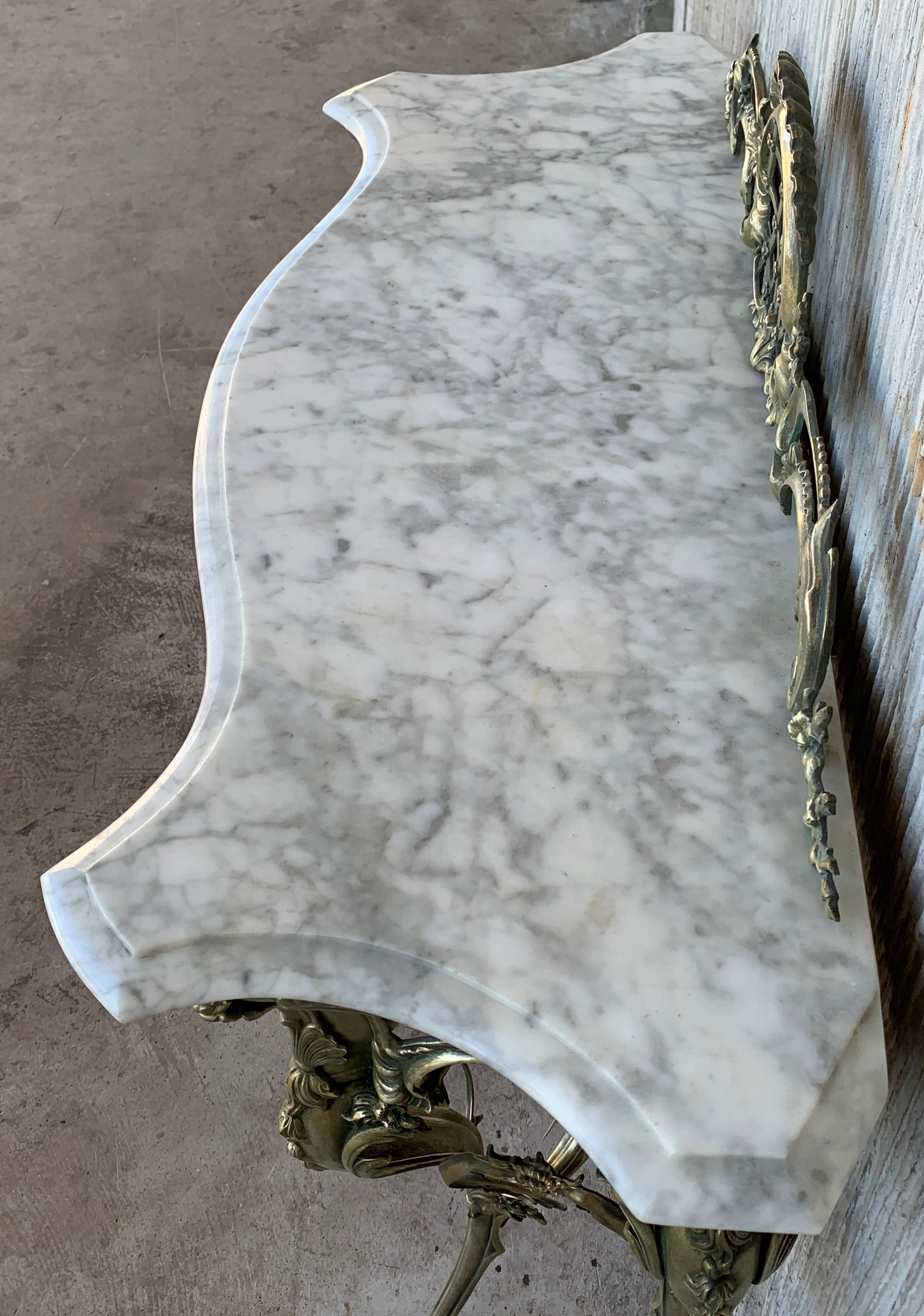 Brass 19th Century French Bronze Console Table or Vanity with White Marble Top and Cre