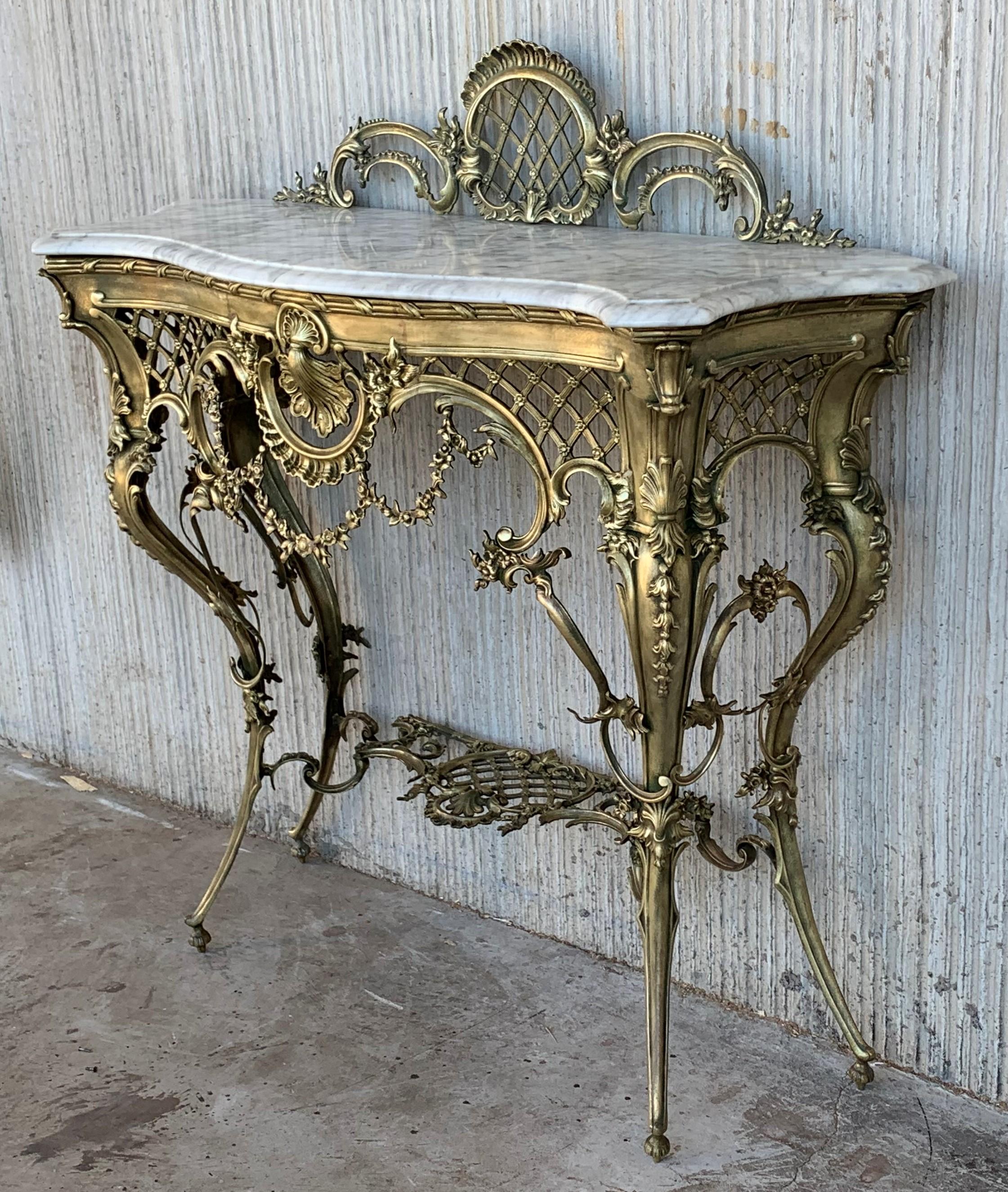 Brass 19th Century French Bronze Console Table or Vanity with White Marble Top and Cre