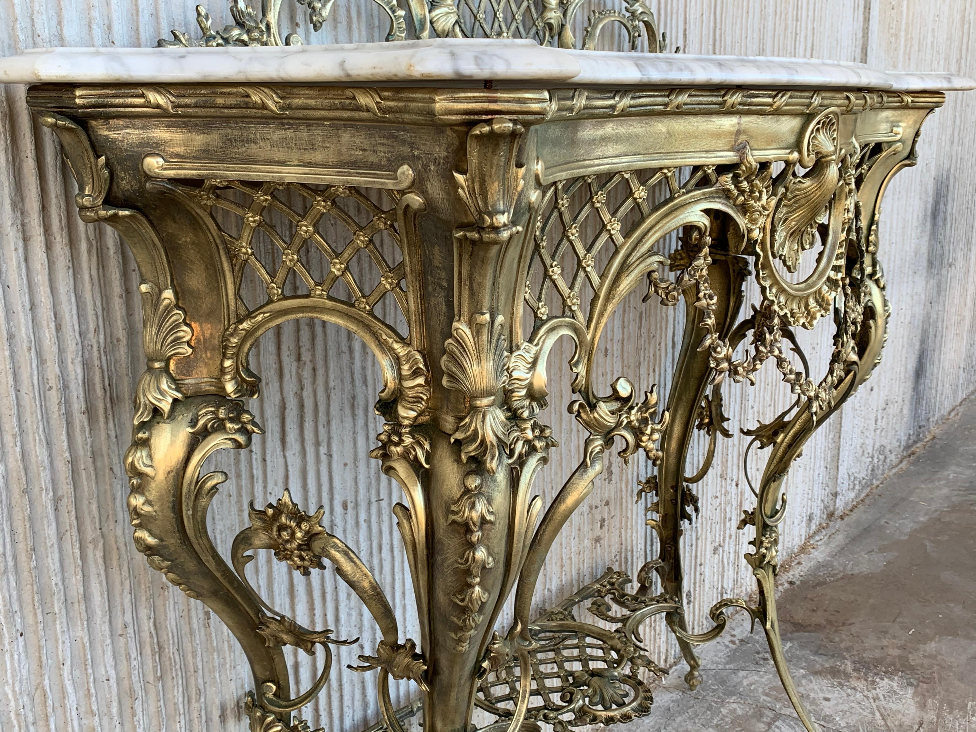 19th Century French Bronze Console Table or Vanity with White Marble Top and Cre 2