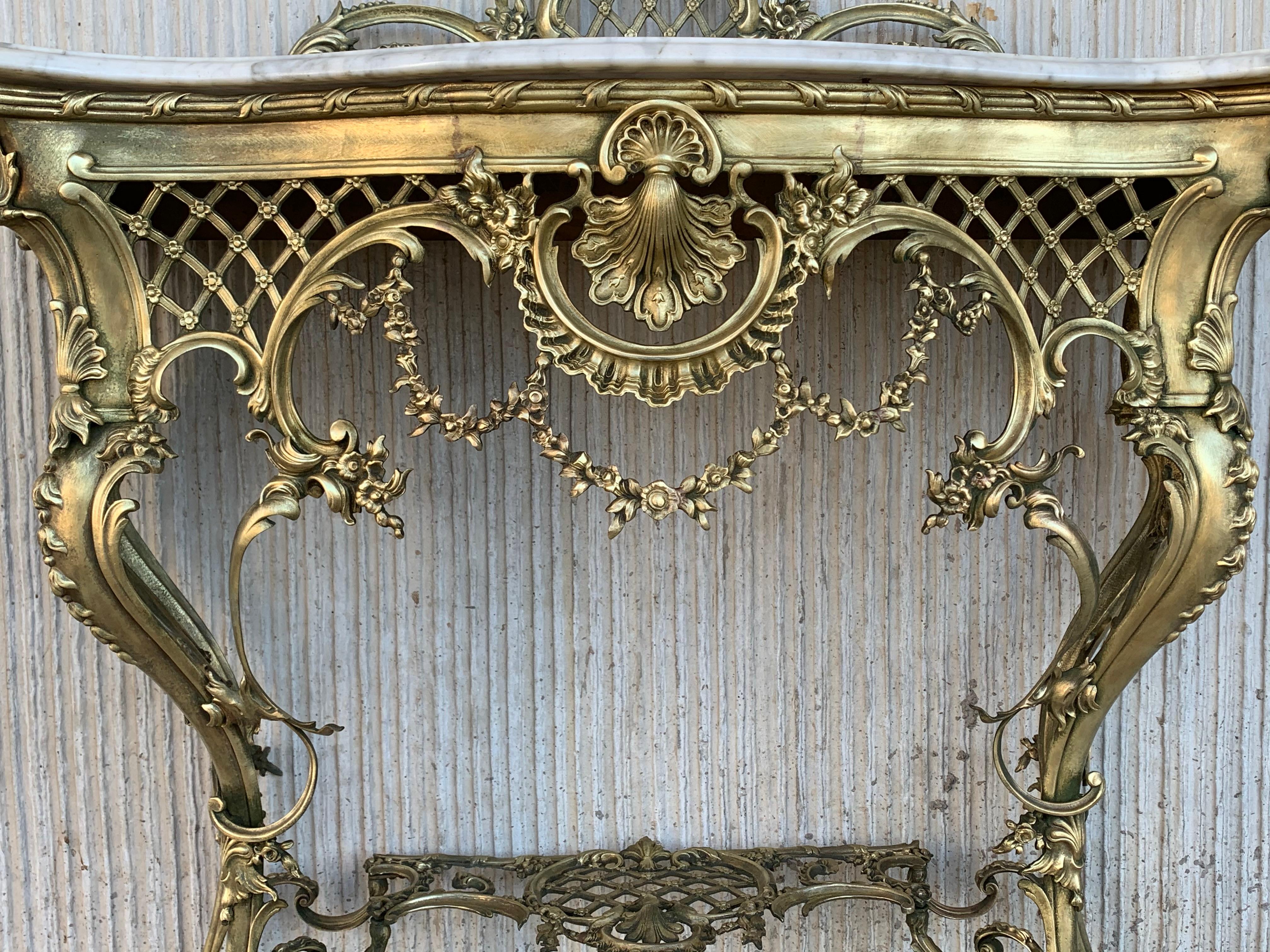 19th Century French Bronze Console Table or Vanity with White Marble Top and Cre 4