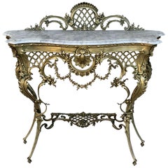 19th Century French Bronze Console Table or Vanity with White Marble Top and Cre