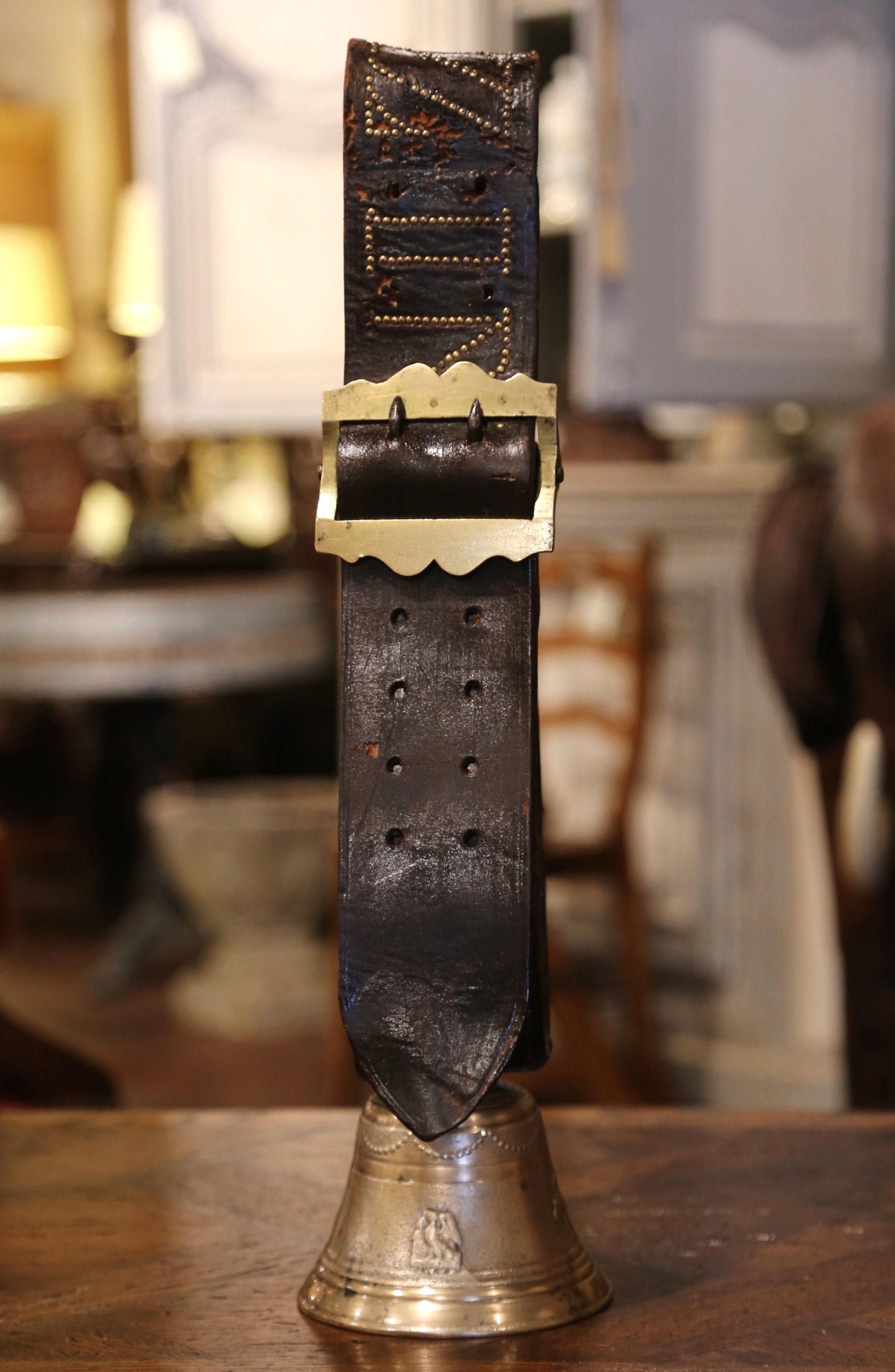 Country 19th Century French Bronze Cow Bell with Leather Strap & Buckle Signed Pianetti