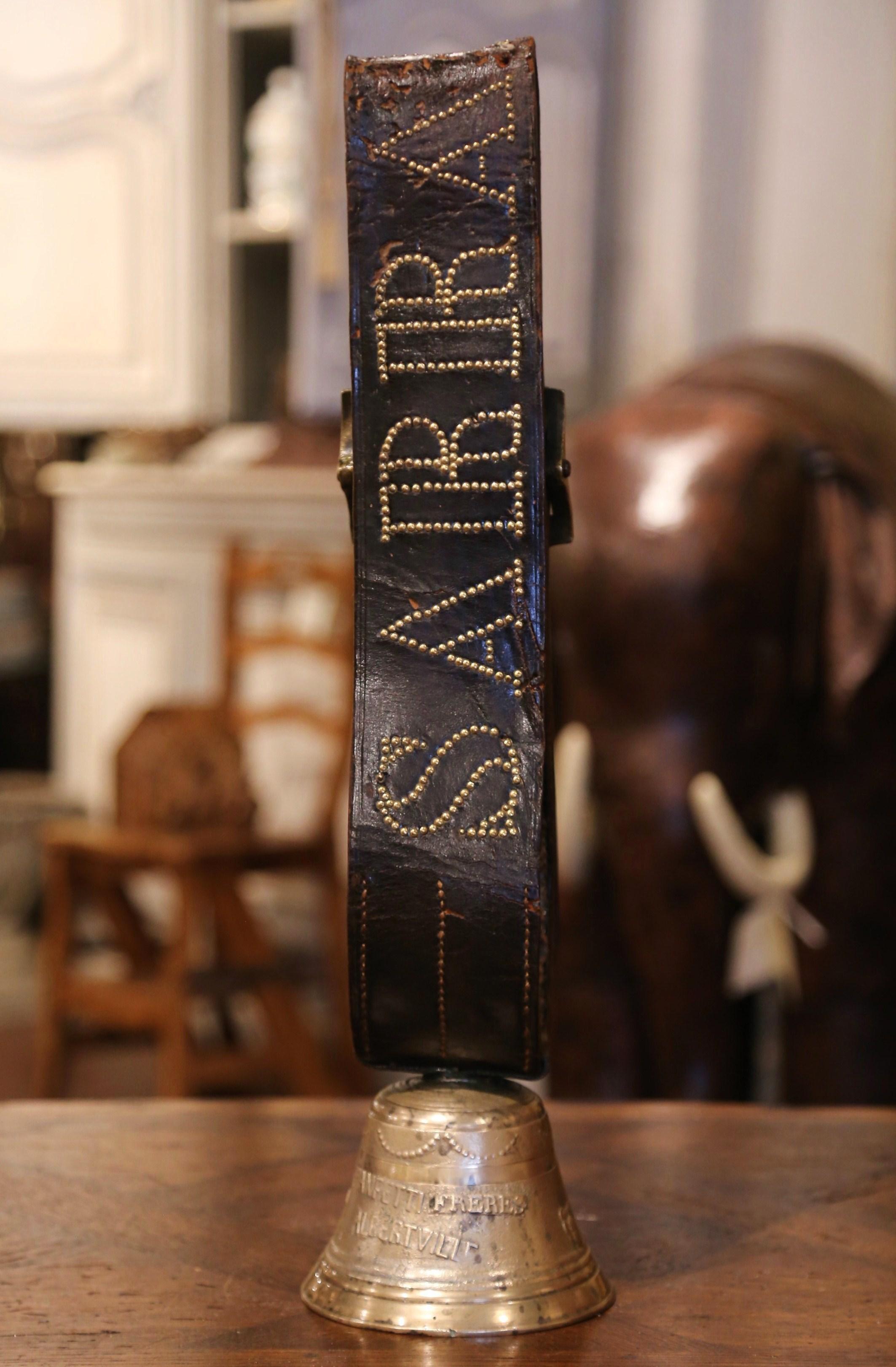 Hand-Carved 19th Century French Bronze Cow Bell with Leather Strap & Buckle Signed Pianetti