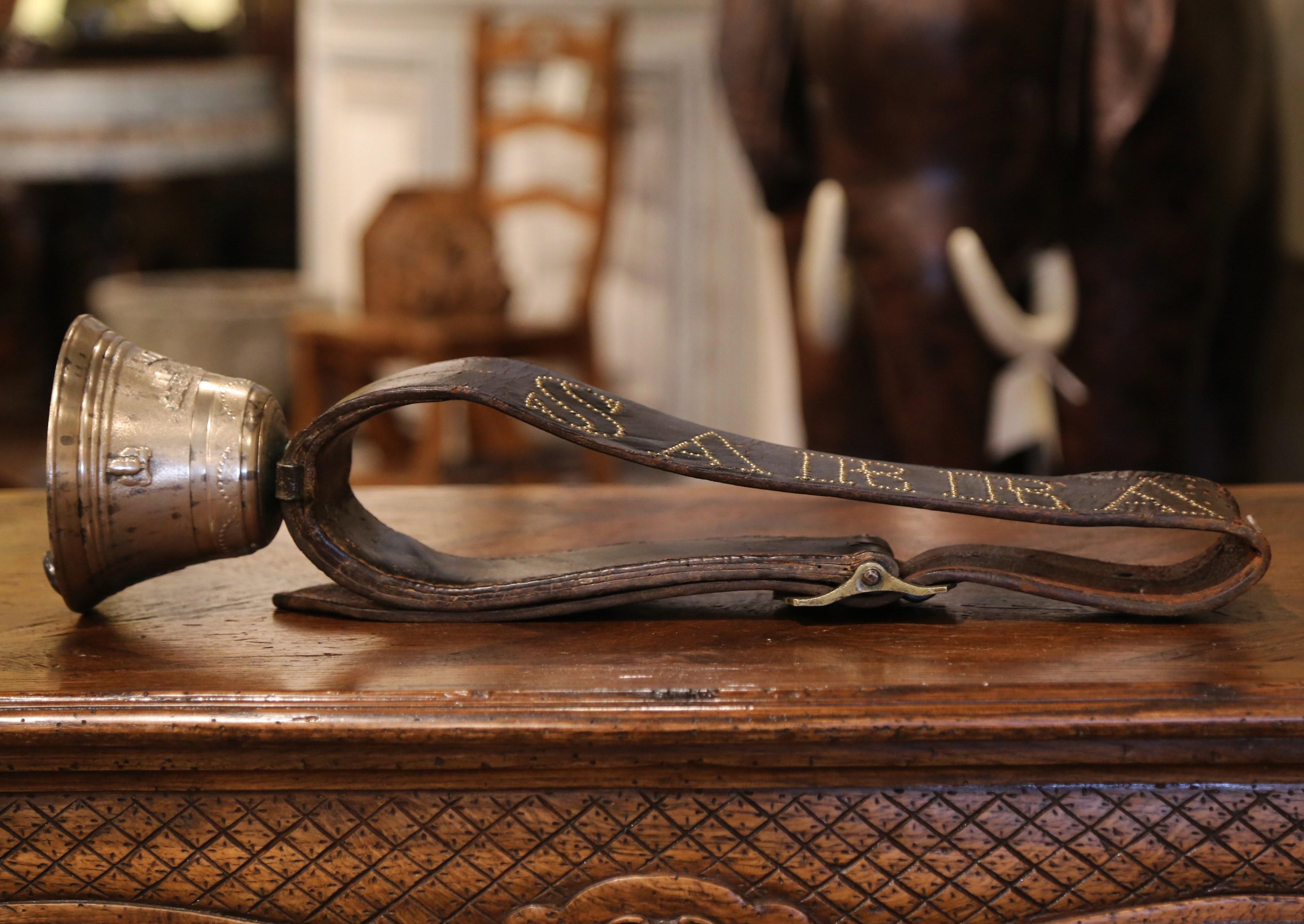 19th Century French Bronze Cow Bell with Leather Strap & Buckle Signed Pianetti In Excellent Condition In Dallas, TX