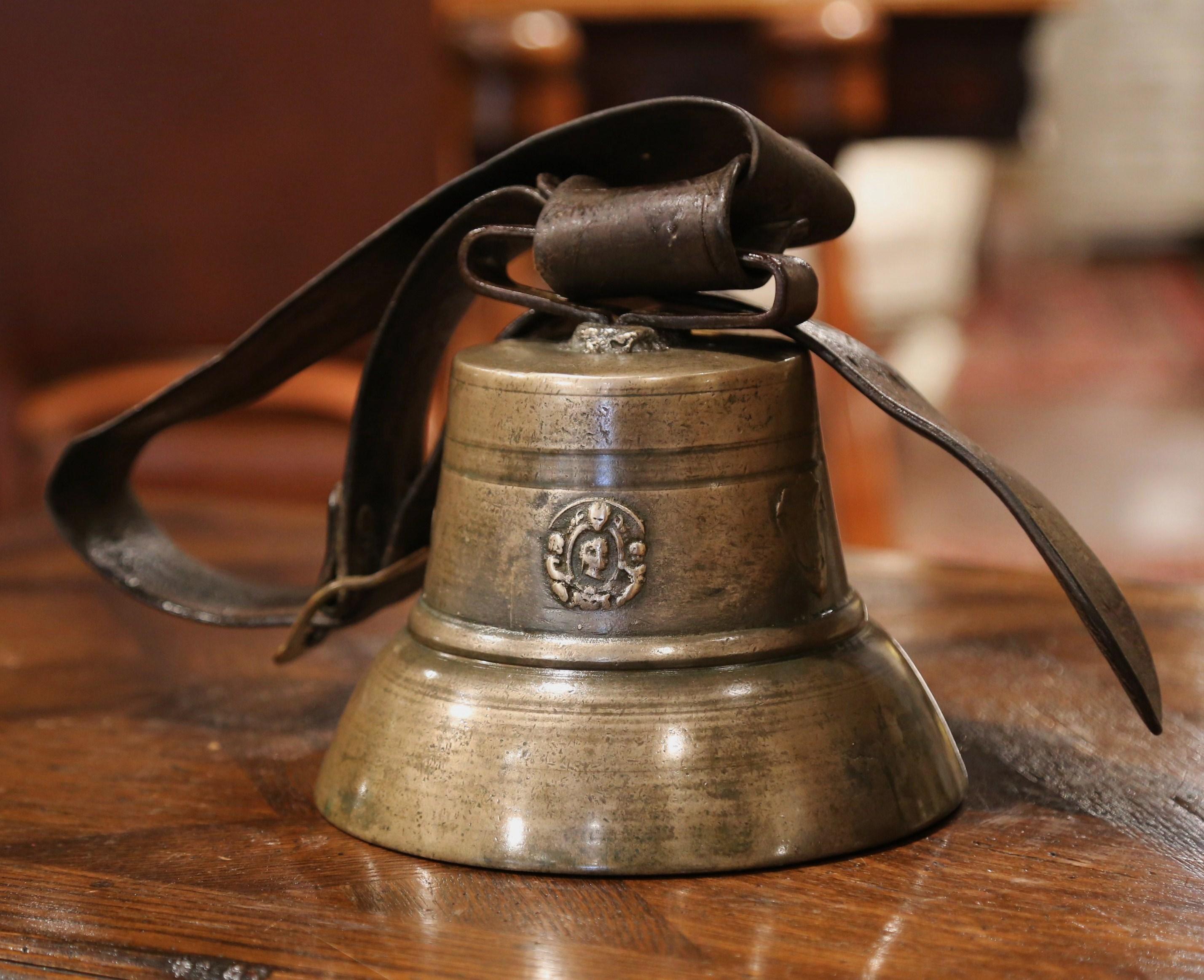 19th Century French Bronze Cow Bell with Original Leather Strap and Buckle In Excellent Condition In Dallas, TX