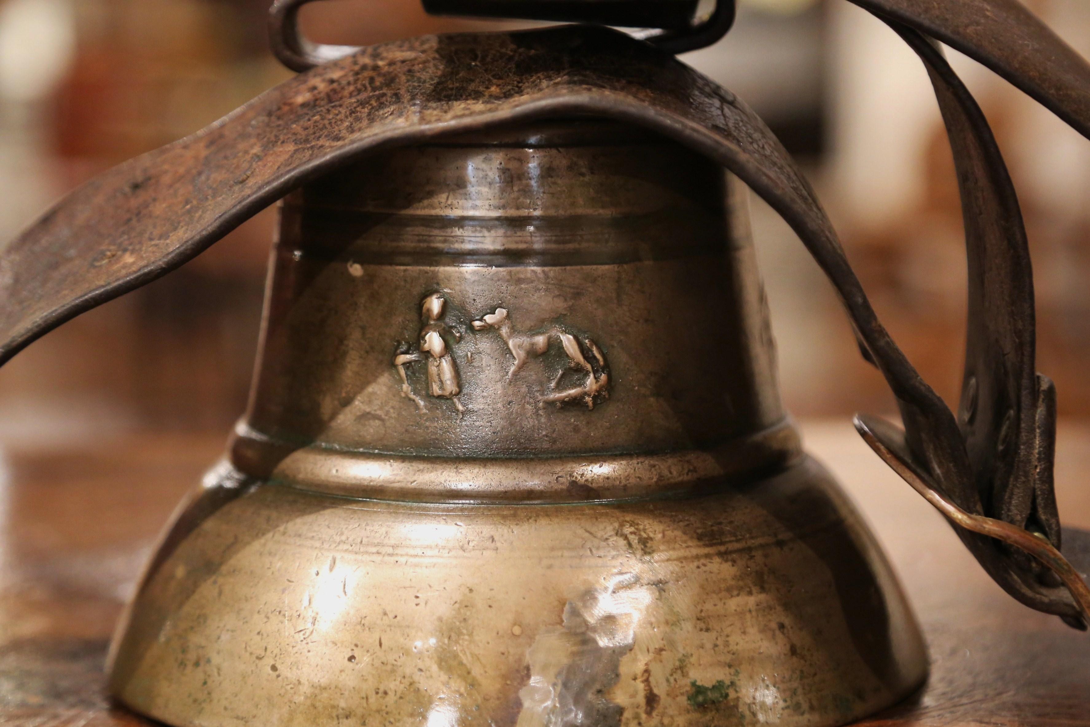 19th Century French Bronze Cow Bell with Original Leather Strap and Buckle 1