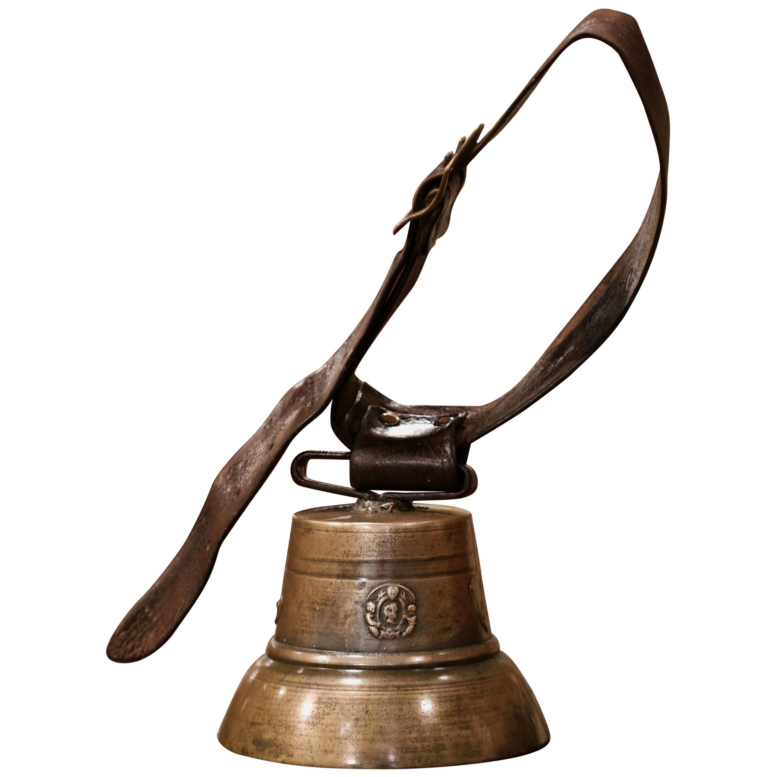 19th Century French Bronze Cow Bell with Original Leather Strap and Buckle