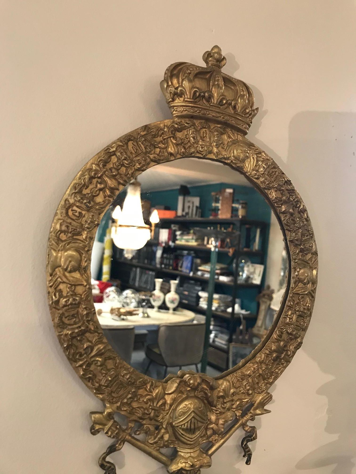19th Century French Bronze Crown Mirror Candle Sconce In Good Condition For Sale In LEGNY, FR