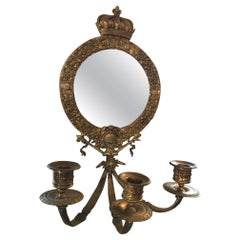 Applique à bougie en bronze français du 19e siècle avec miroir à couronne