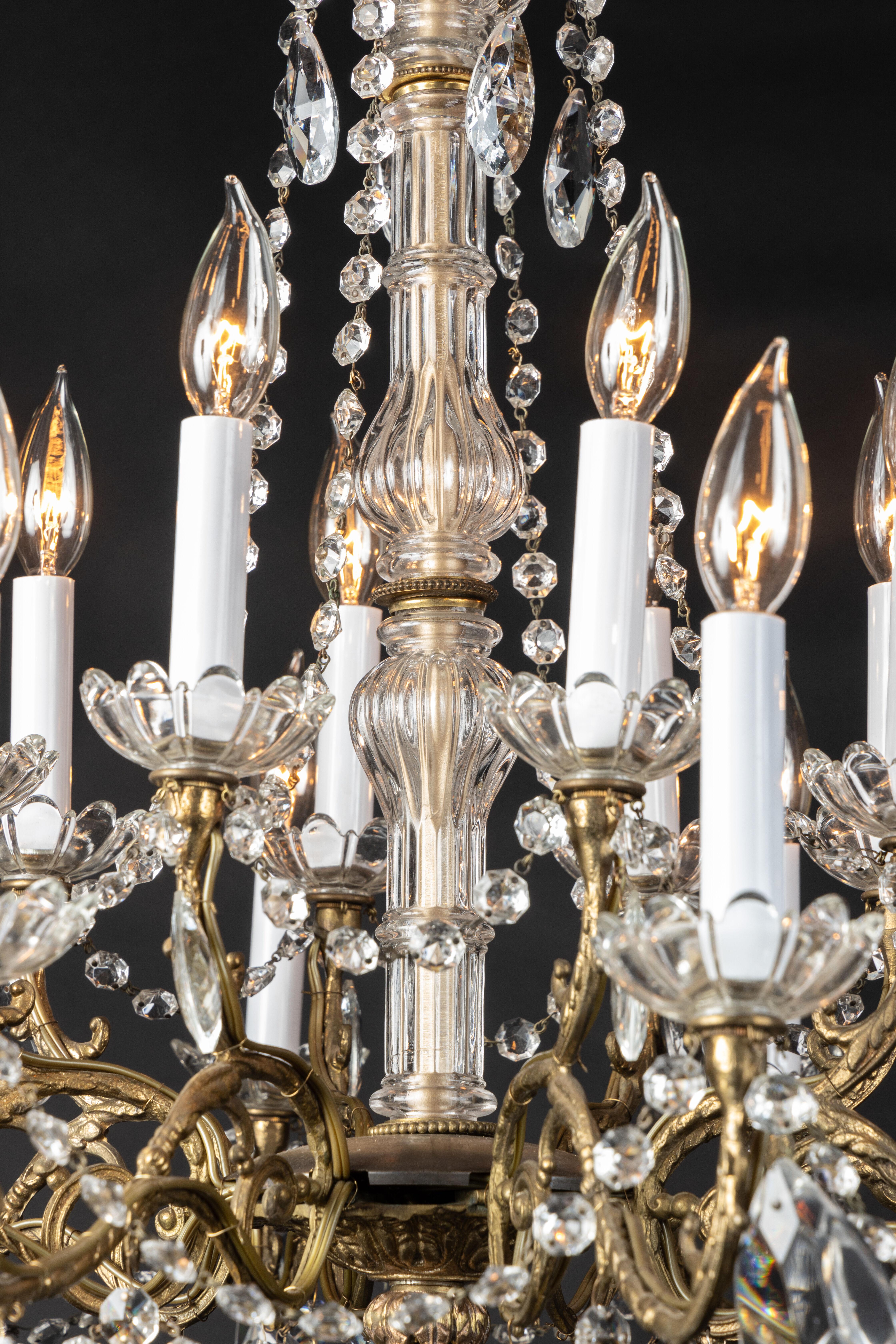 19th Century French Bronze & Crystal Chandelier, Center and Bobeches of Crystal In Good Condition For Sale In New Orleans, LA