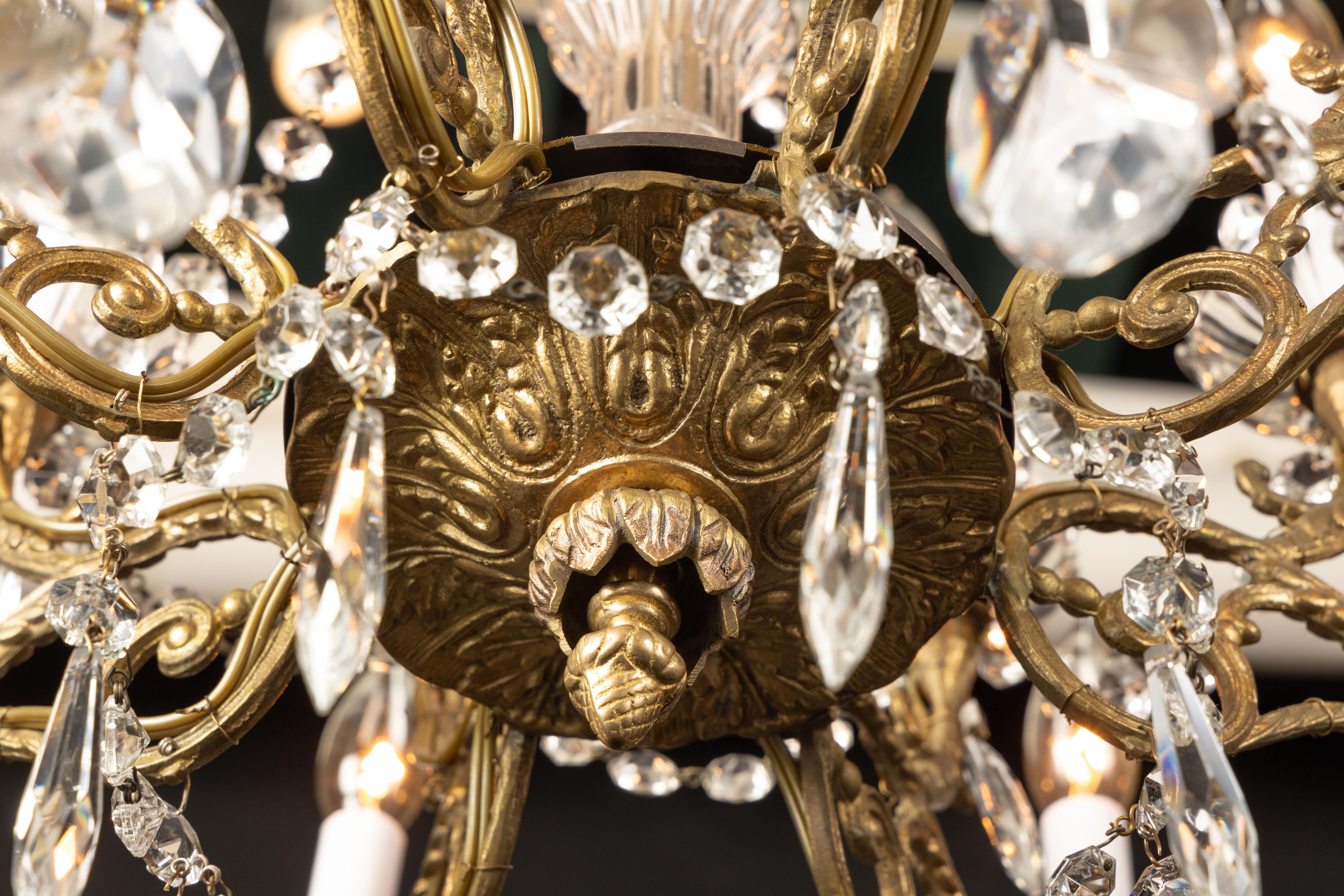 19th Century French Bronze & Crystal Chandelier, Center and Bobeches of Crystal For Sale 1