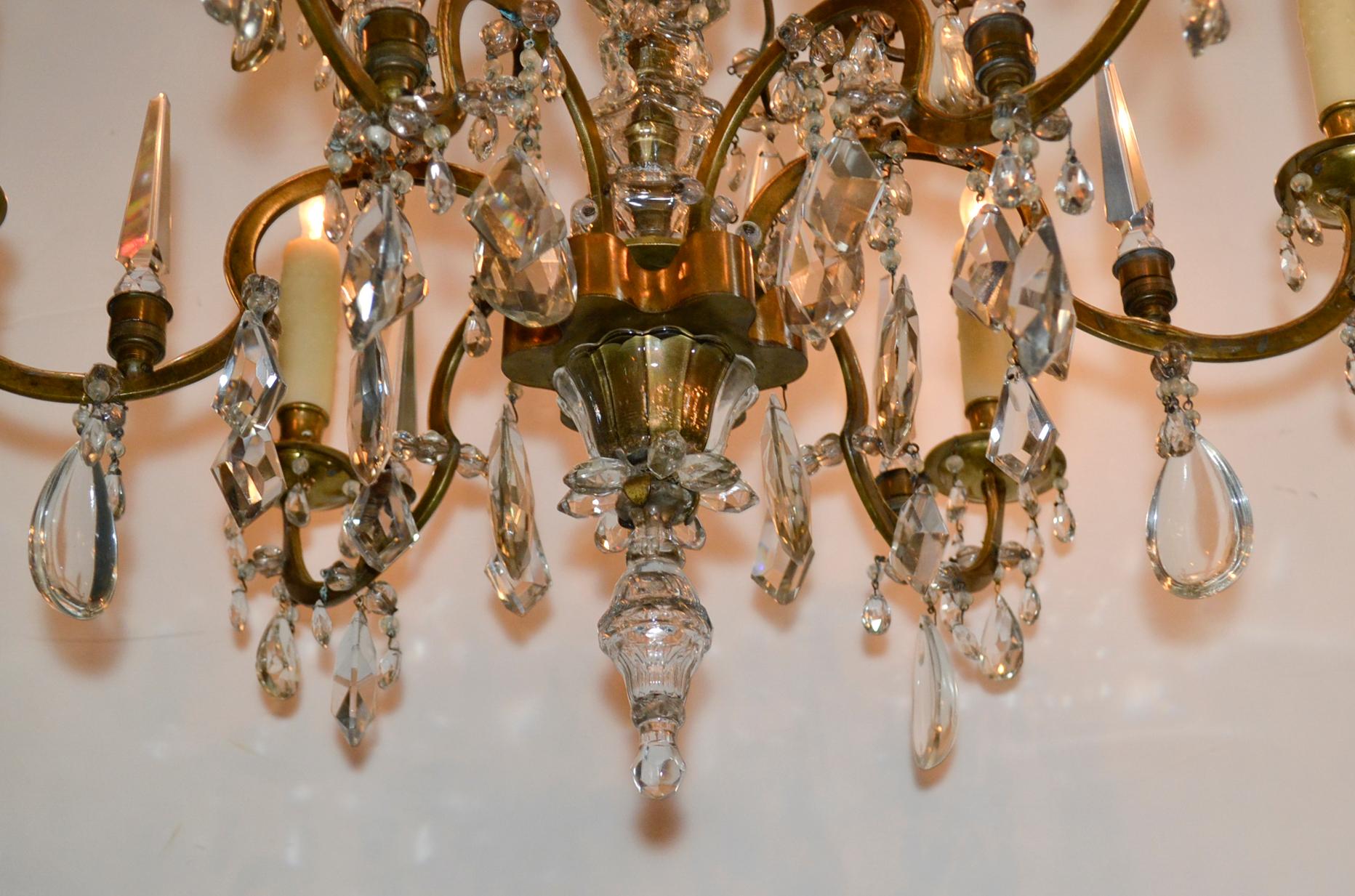 Alluring 19th century French bronze and crystal 6-light chandelier.