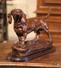 19th Century French Bronze Dog Sculpture on Walnut Base Signed Jules Moigniez