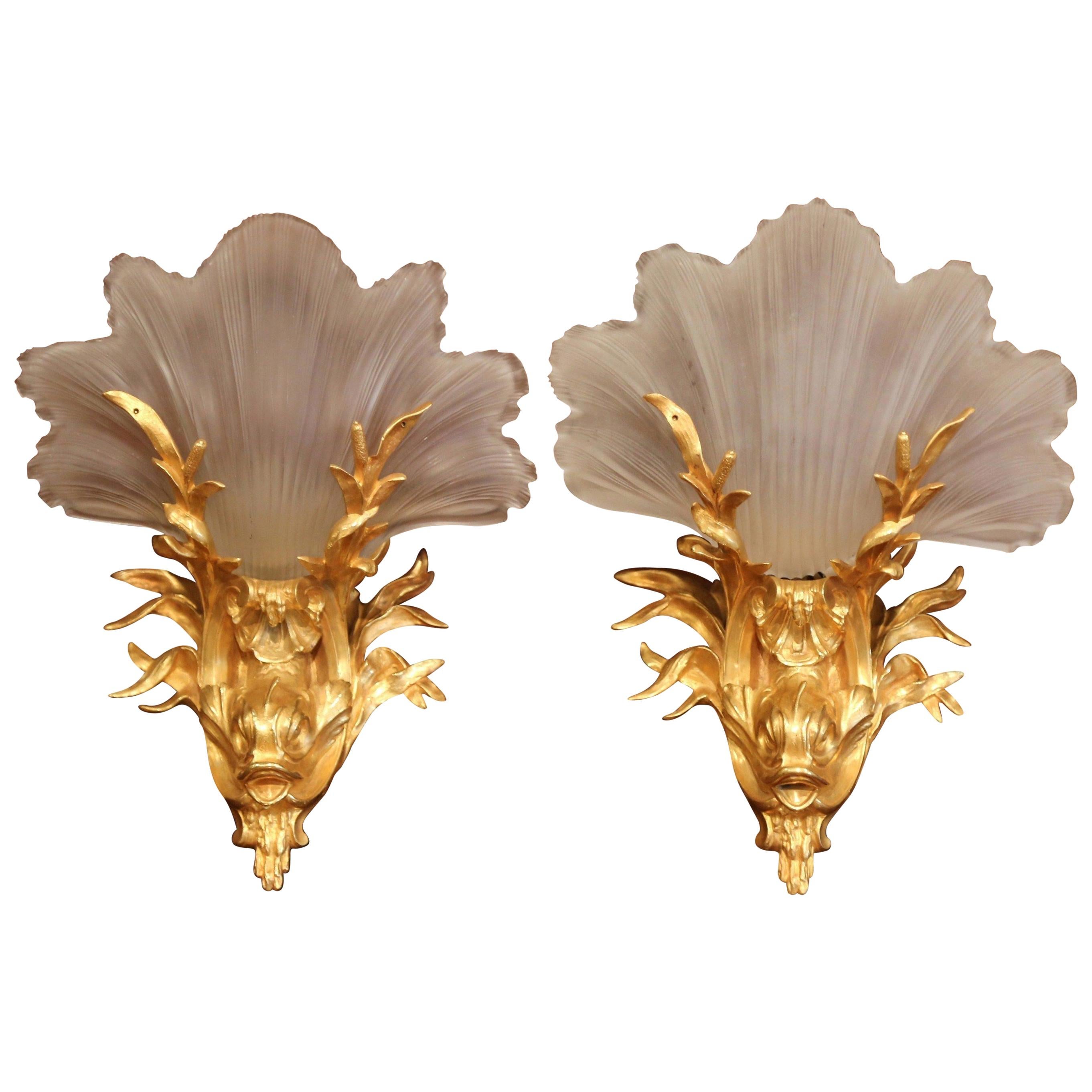 19th Century French Bronze Dore and Glass Tree, Light Sconces with Dolphin, Pair