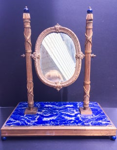 19th Century, French Bronze Doré Solid Lapis Lazuli Dressing Table Mirror