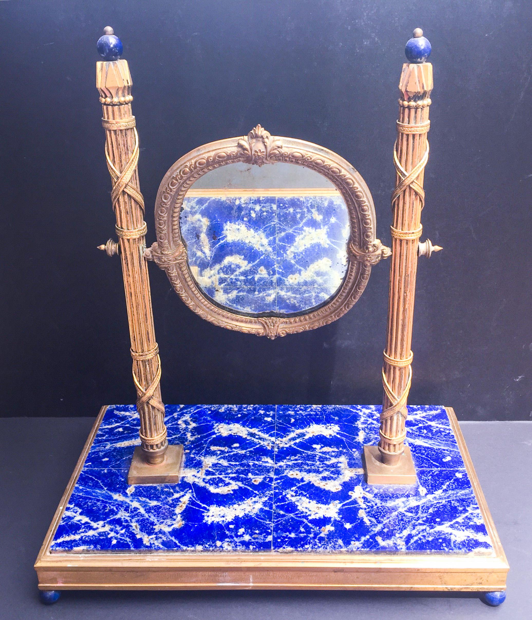 Empire 19th Century, French Bronze Doré Solid Lapis Lazuli Dressing Table Mirror