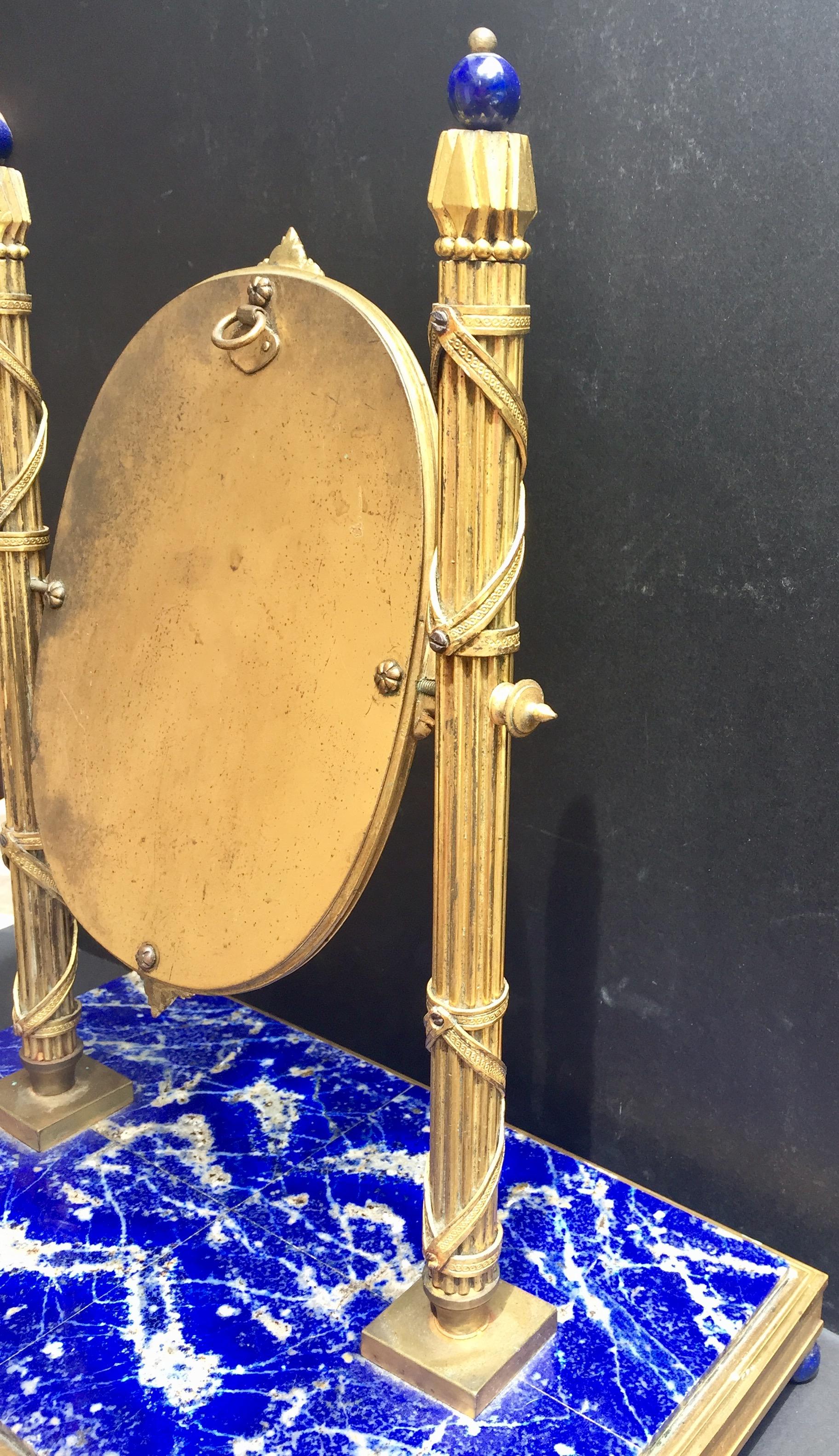 Bronzed 19th Century, French Bronze Doré Solid Lapis Lazuli Dressing Table Mirror