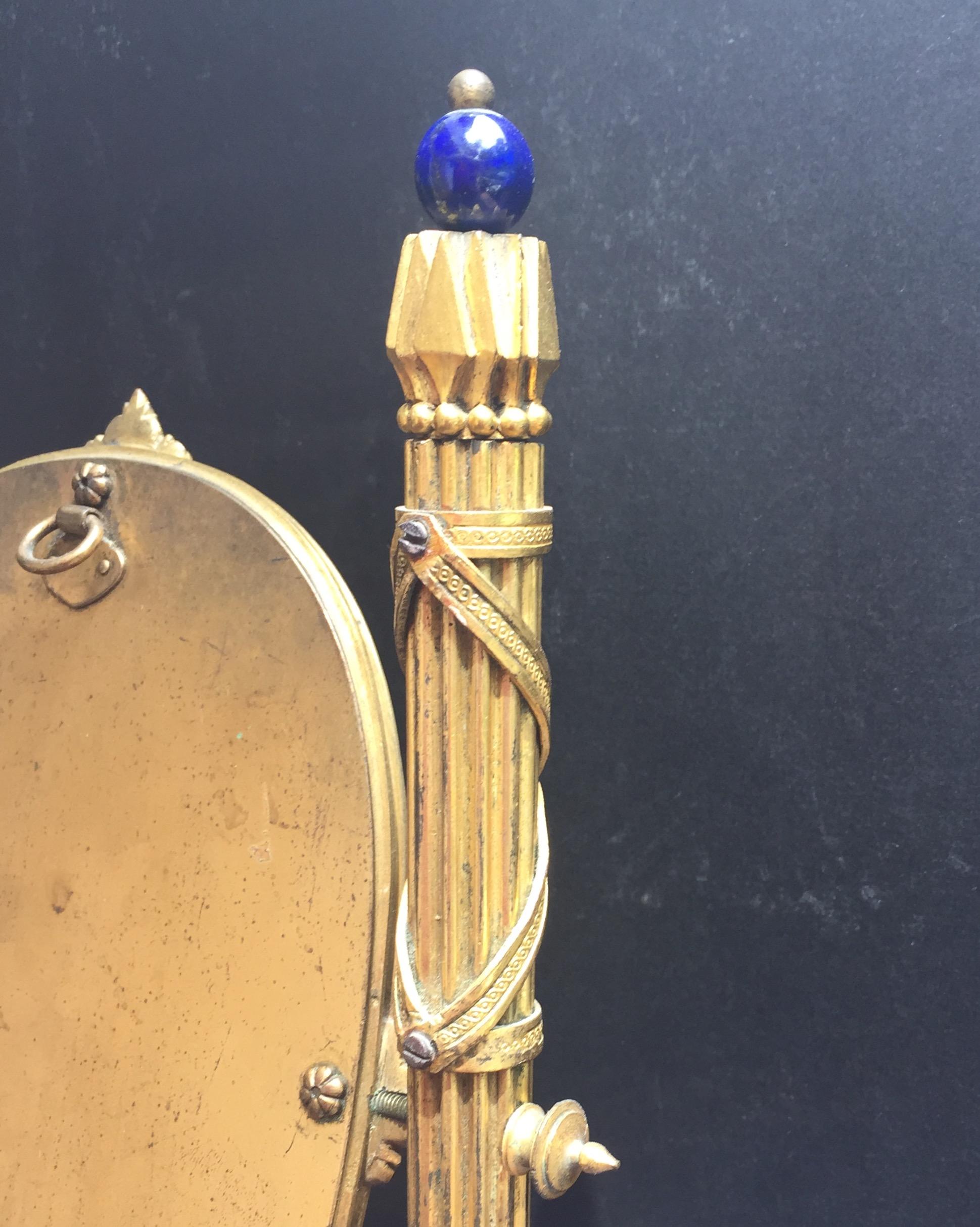 19th Century, French Bronze Doré Solid Lapis Lazuli Dressing Table Mirror In Good Condition In Vero Beach, FL