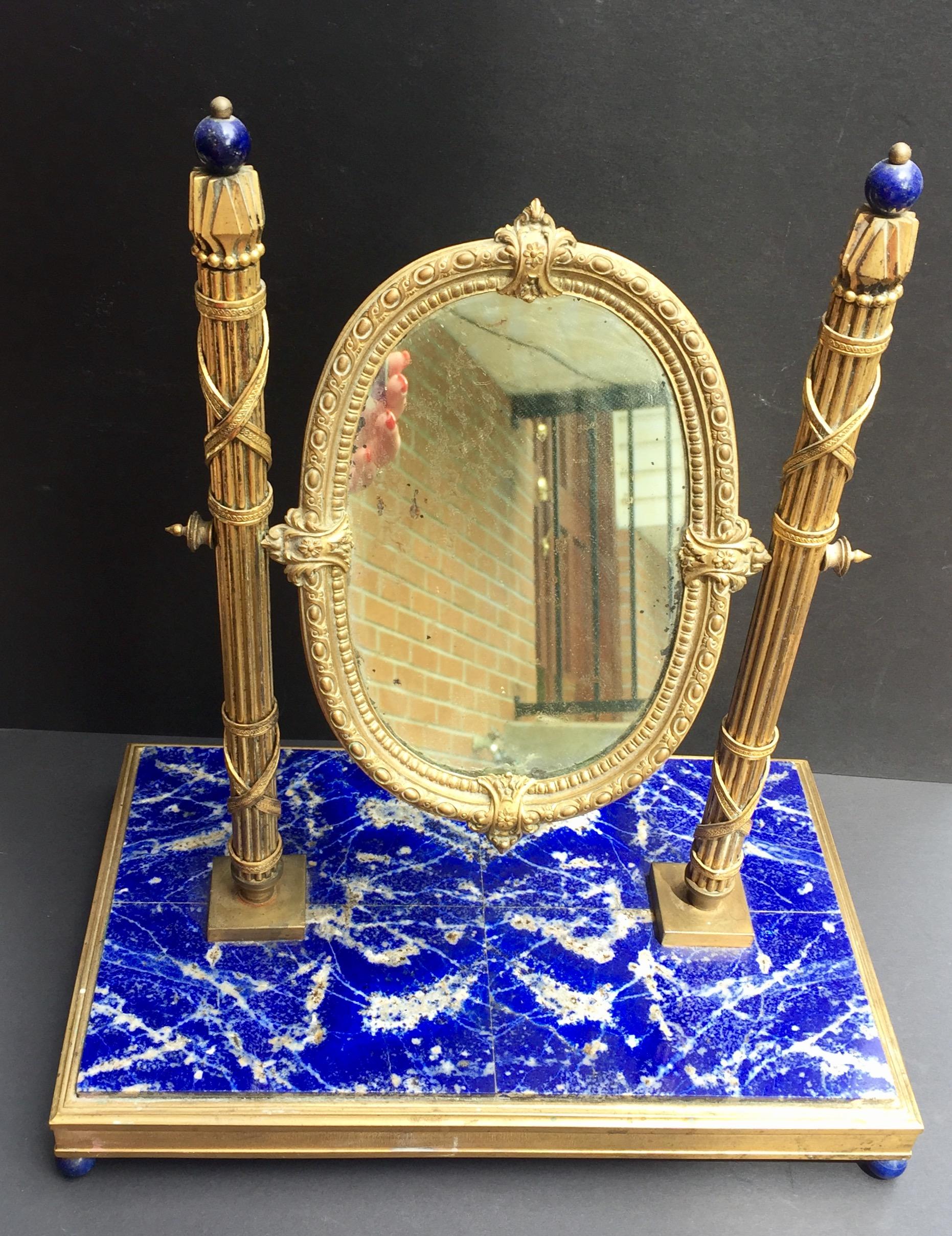19th Century, French Bronze Doré Solid Lapis Lazuli Dressing Table Mirror 1