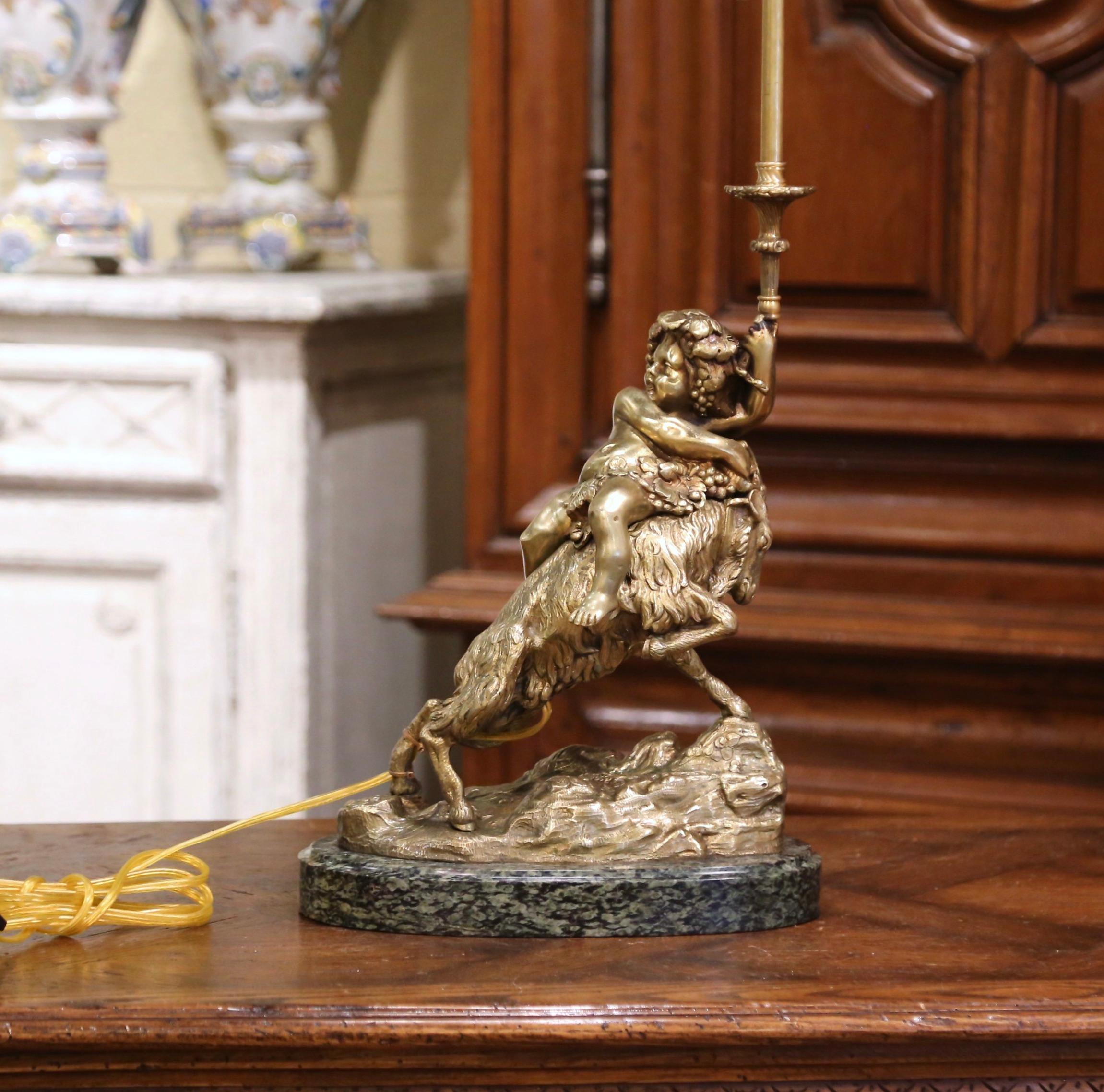 19th Century French Bronze Dore Young Bacchus and Ram Table Lamp on Marble Base In Excellent Condition In Dallas, TX