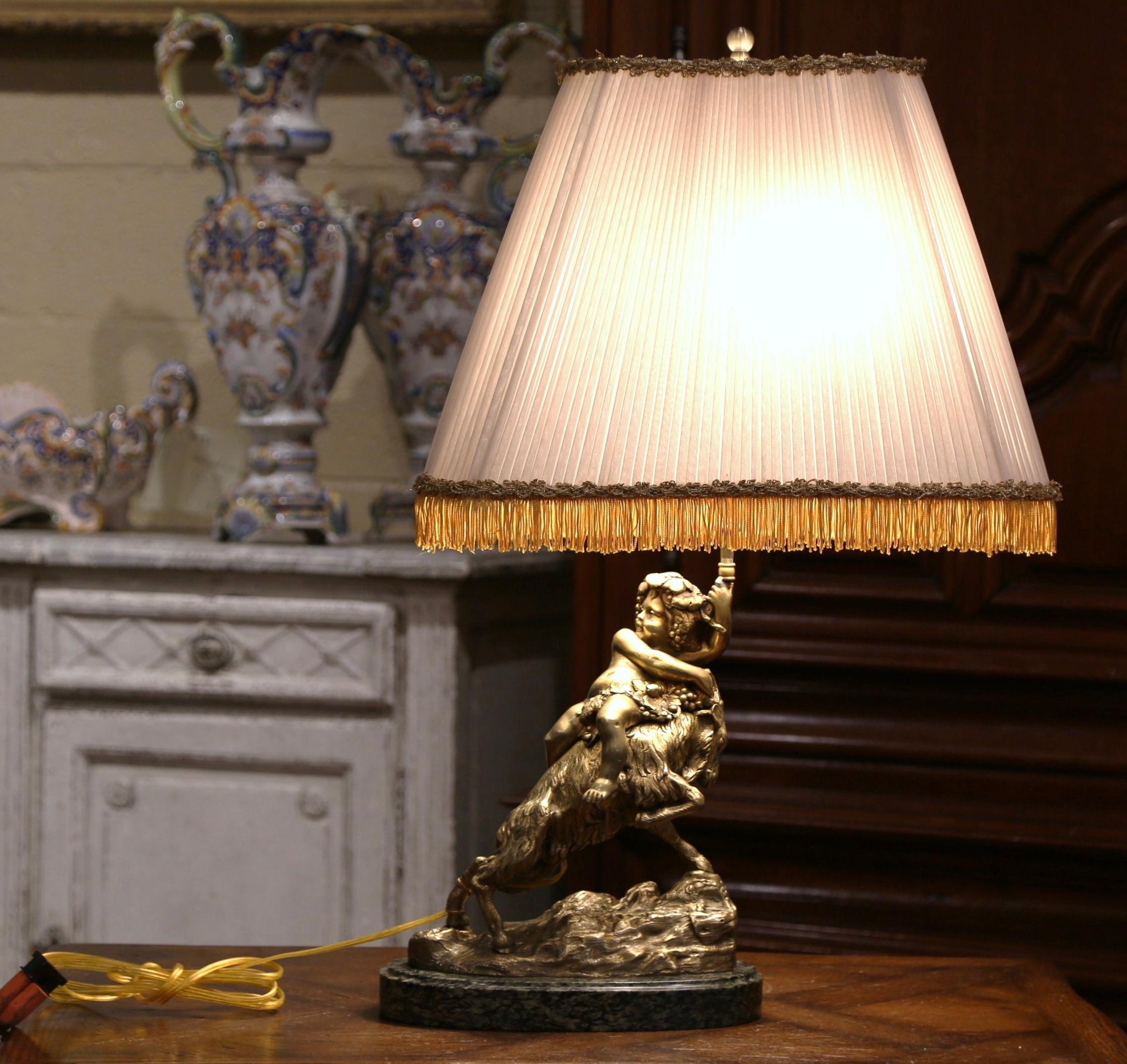 19th Century French Bronze Dore Young Bacchus and Ram Table Lamp on Marble Base 1